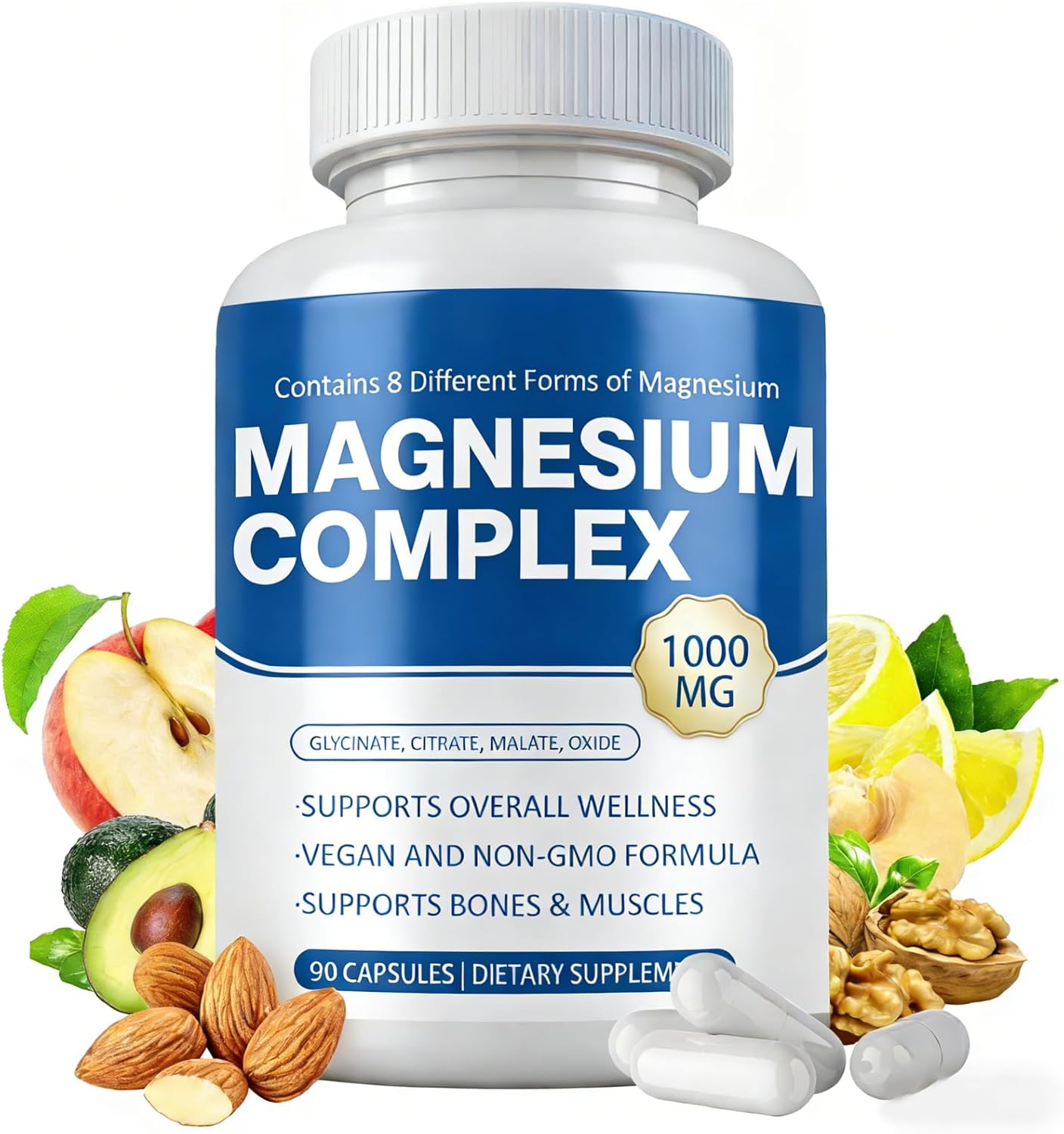Magnesium Complex Supplement 8 Elemental 1000mg - Magnesium Glycinate, Citrate, Malate, Oxide | Easy Absorption for Bones, Muscle, Energy, Vegan, Non-GMO 90 Capsules (1pc)