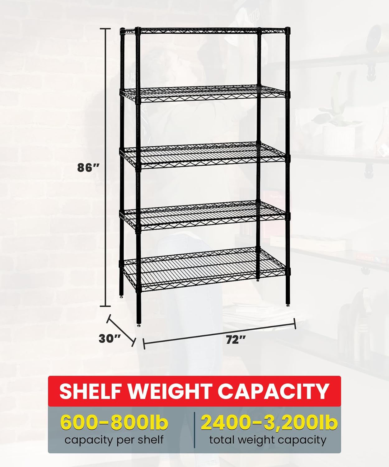 Quantum Storage Systems WR86-3072BK-5 Wire Shelving Starter Kit, 72" W x 30" D x 86" H, 600 lbs Capacity, Carbon Steel, Epoxy Coated, Black, NSF
