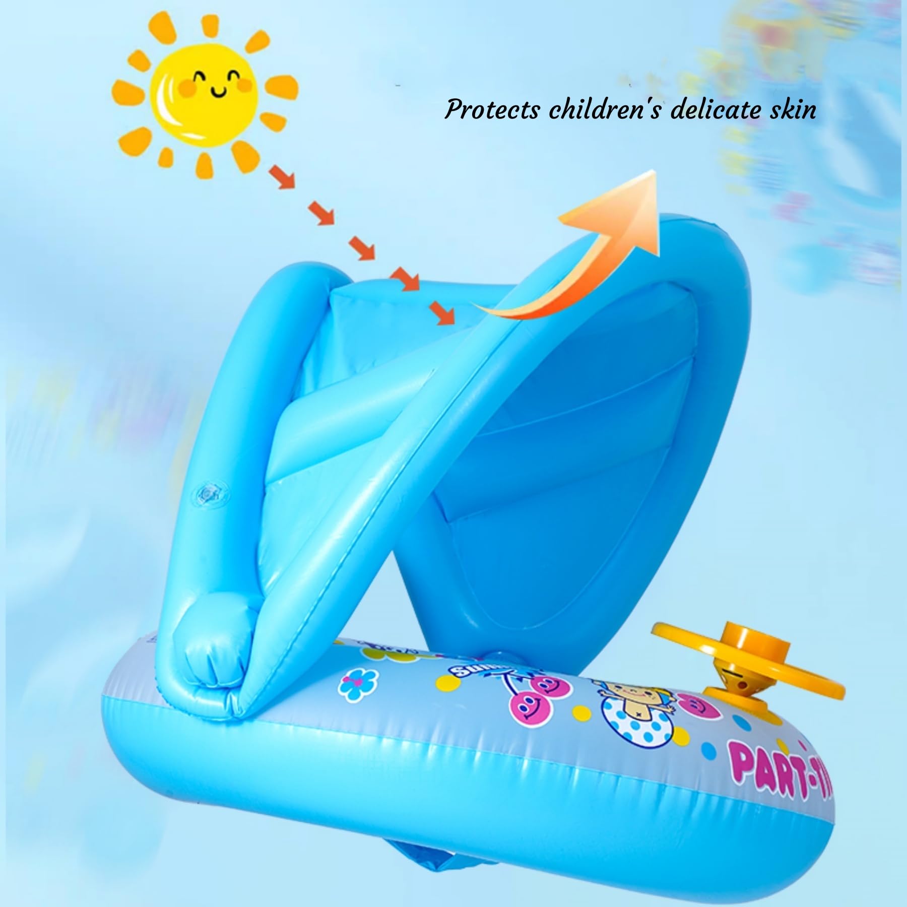 Inflatable Baby Swimming Ring with Sun Canopy for Children up to 15 kg, Removable Hood, Rotating Steering Wheel with Horn - Image 3