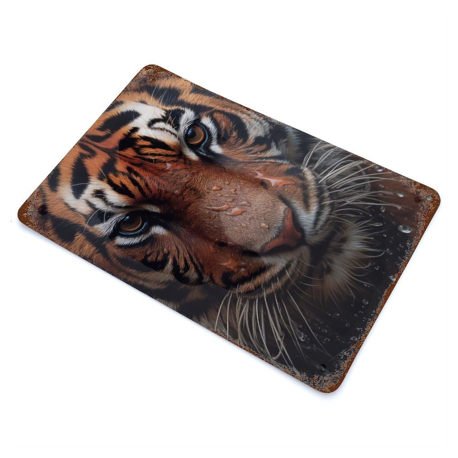 Wet Tiger CloseUp 11.8"x7.9" Retro Metal Sign, Industrial Home Decor for Office, Studio And Wall Decor