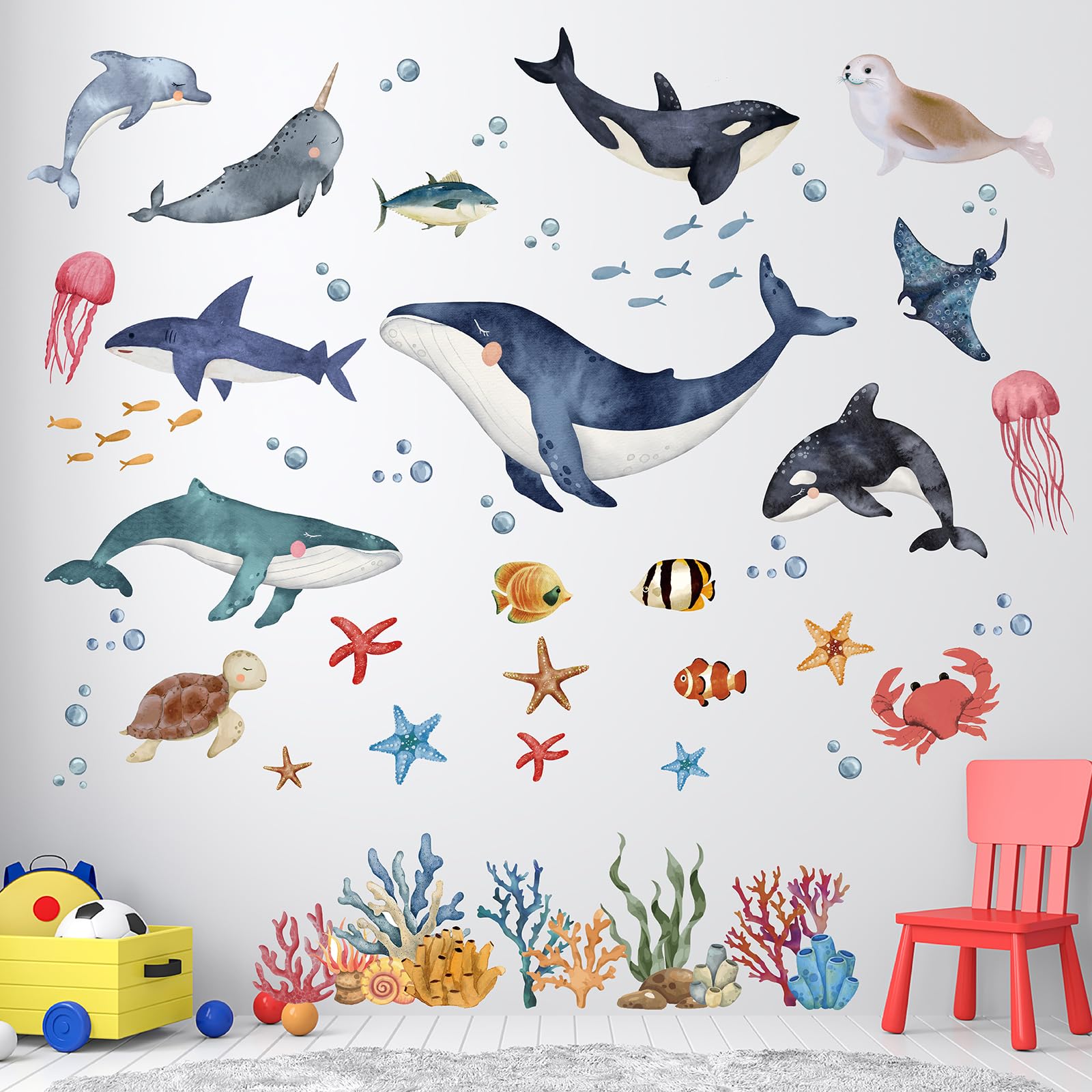 Ocean Wall Stickers for Kids’ Bedroom and Bathroom – Under The Sea Removable Vinyl Decals with Sea Creatures, Dolphins, Whales, Jellyfish – Waterproof Nursery and Playroom Decor