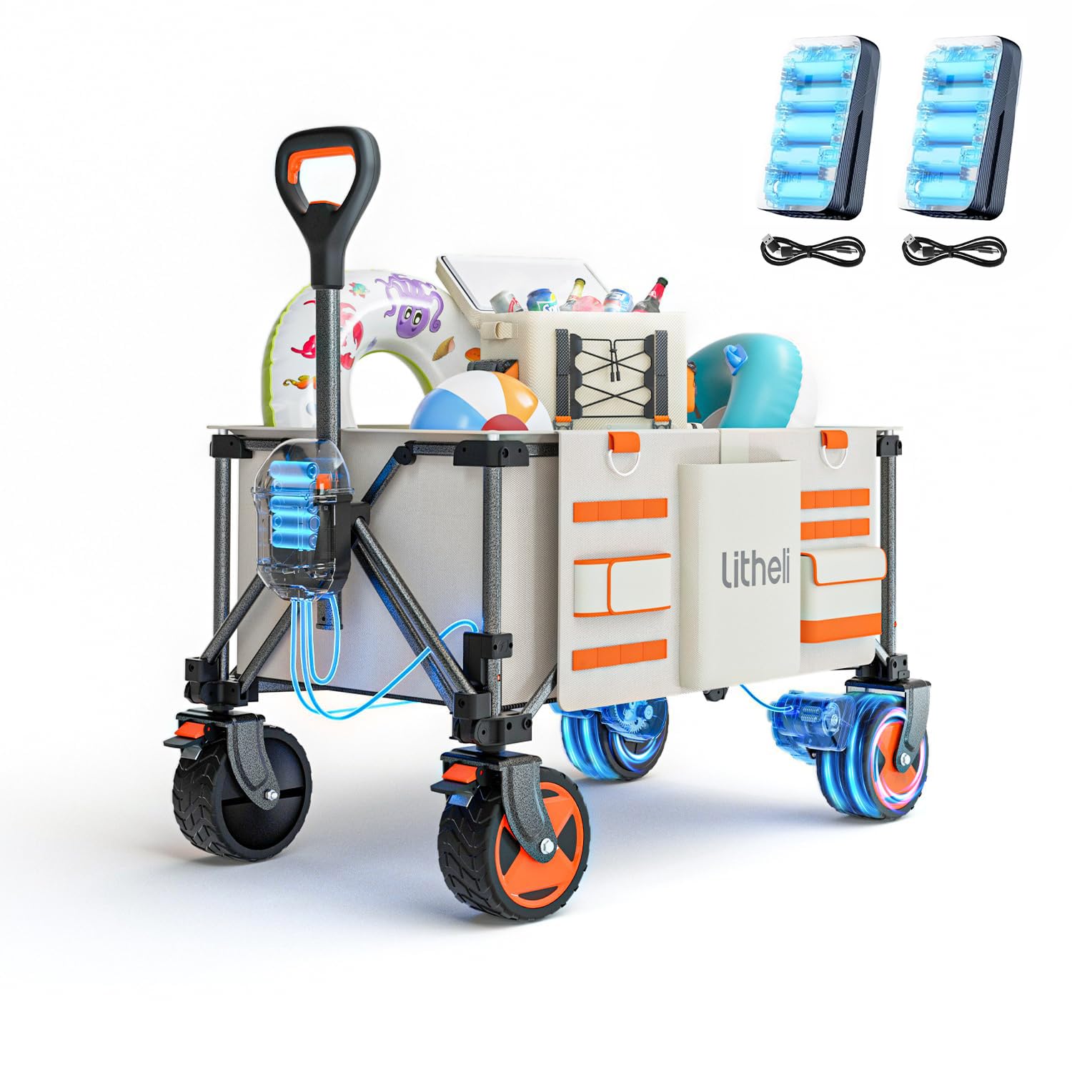Litheli Carrello a mano boller, elettrico, pieghevole per esterni, con doppio motore e freni, capacità da 150 l e portata da 60 kg, per campeggio, giardino, spiaggia, shopping (Beige)