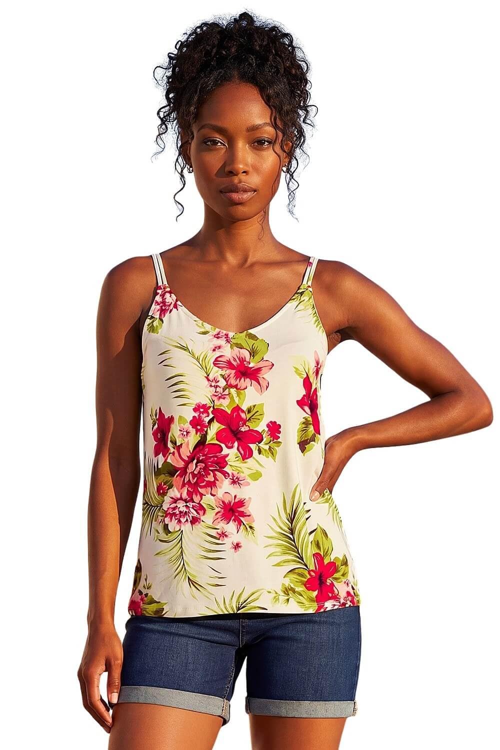 Roman Originals Women's Ivory Tropical Print Strap Detail Cami Top For Uk - Everyday Holiday Spring Summer V Neckline Comfy Soft Evening Vacation Work Party - Size 20