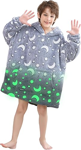 Blanket Hoodie, Sherpa Fleece Wearable Blanket for Kids, Plush Flannel Hooded Blanket, Sweatshirt Gift with Giant Pocket