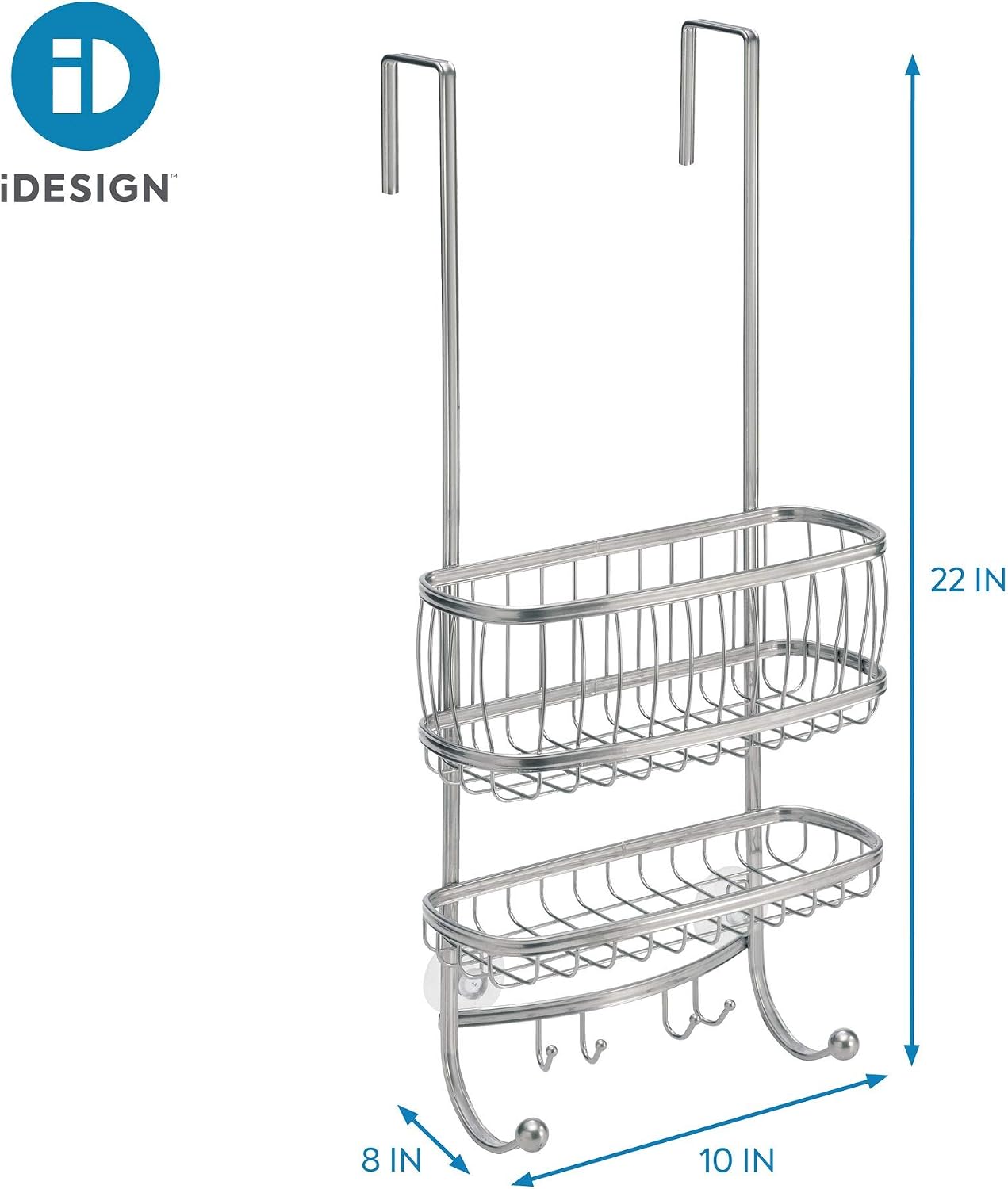 iDesign York Bathroom Over the Door Shower Caddy with Storage Baskets Shelves and Hooks for Shampoo, Conditioner, Soap, Silver