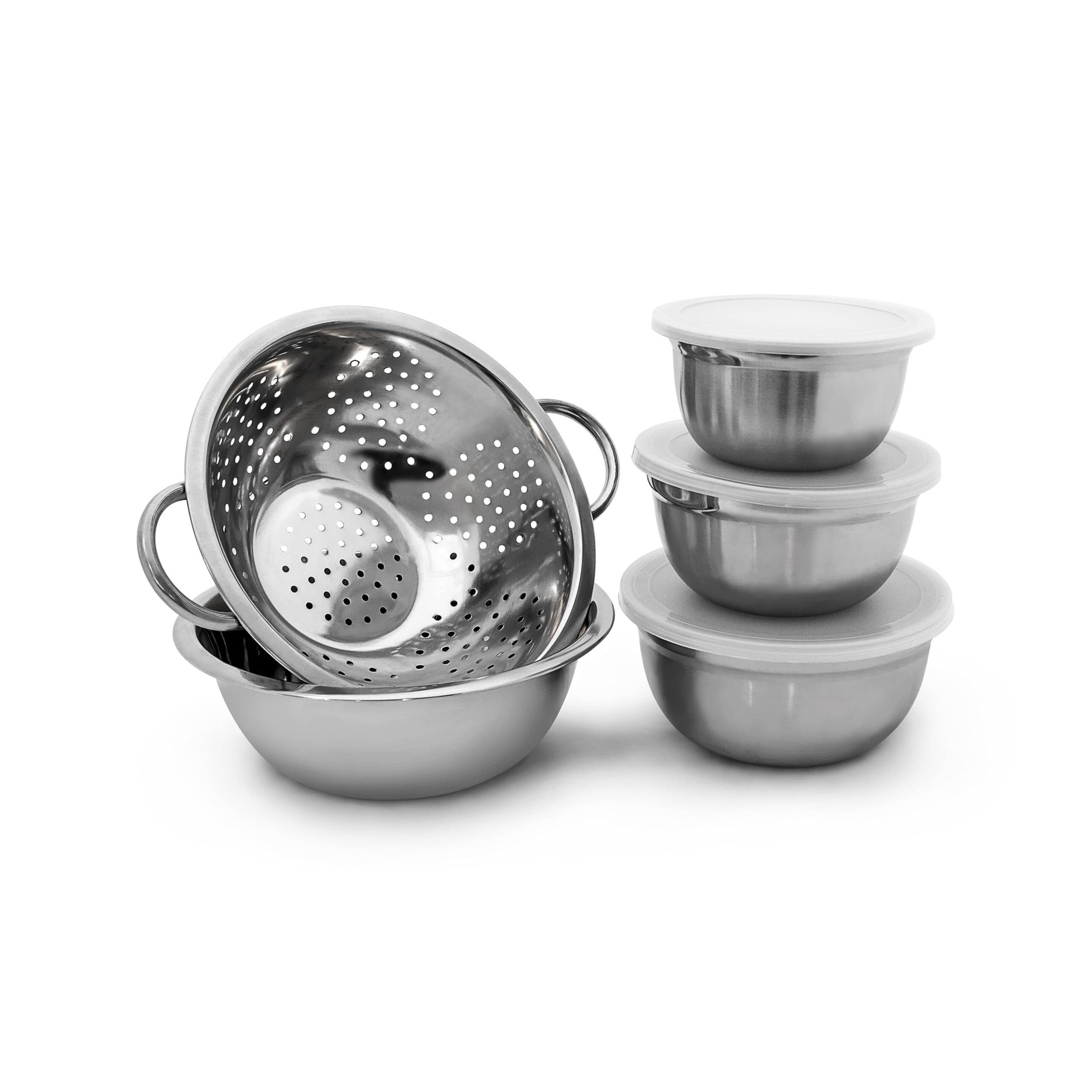 Relaxdays Set 5 Ciotole in Acciaio Inox, Coperchio Salvafreschezza e Scolapasta, Insalatiere, Box Portapranzo, Argento