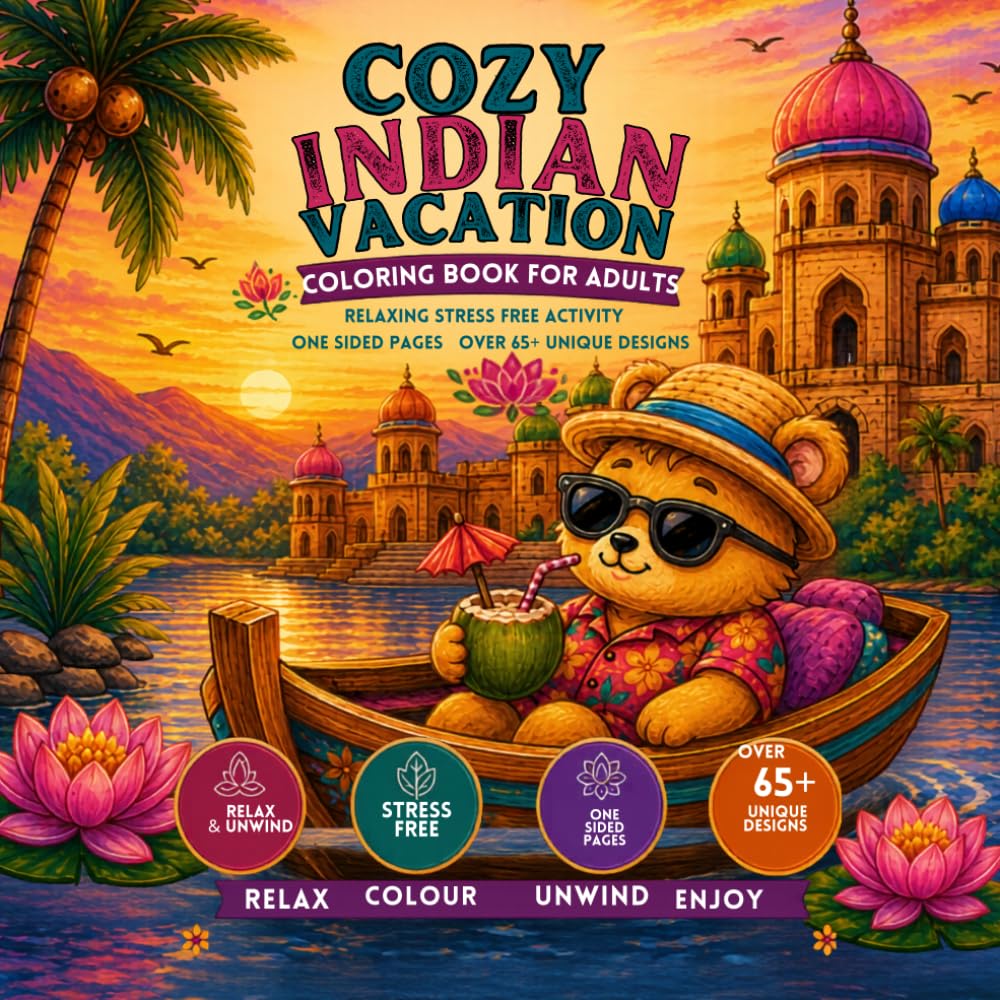 Cozy Indian Vacation Coloring Book: Cute Animal Adventures Across India for Relaxation and Stress Relief