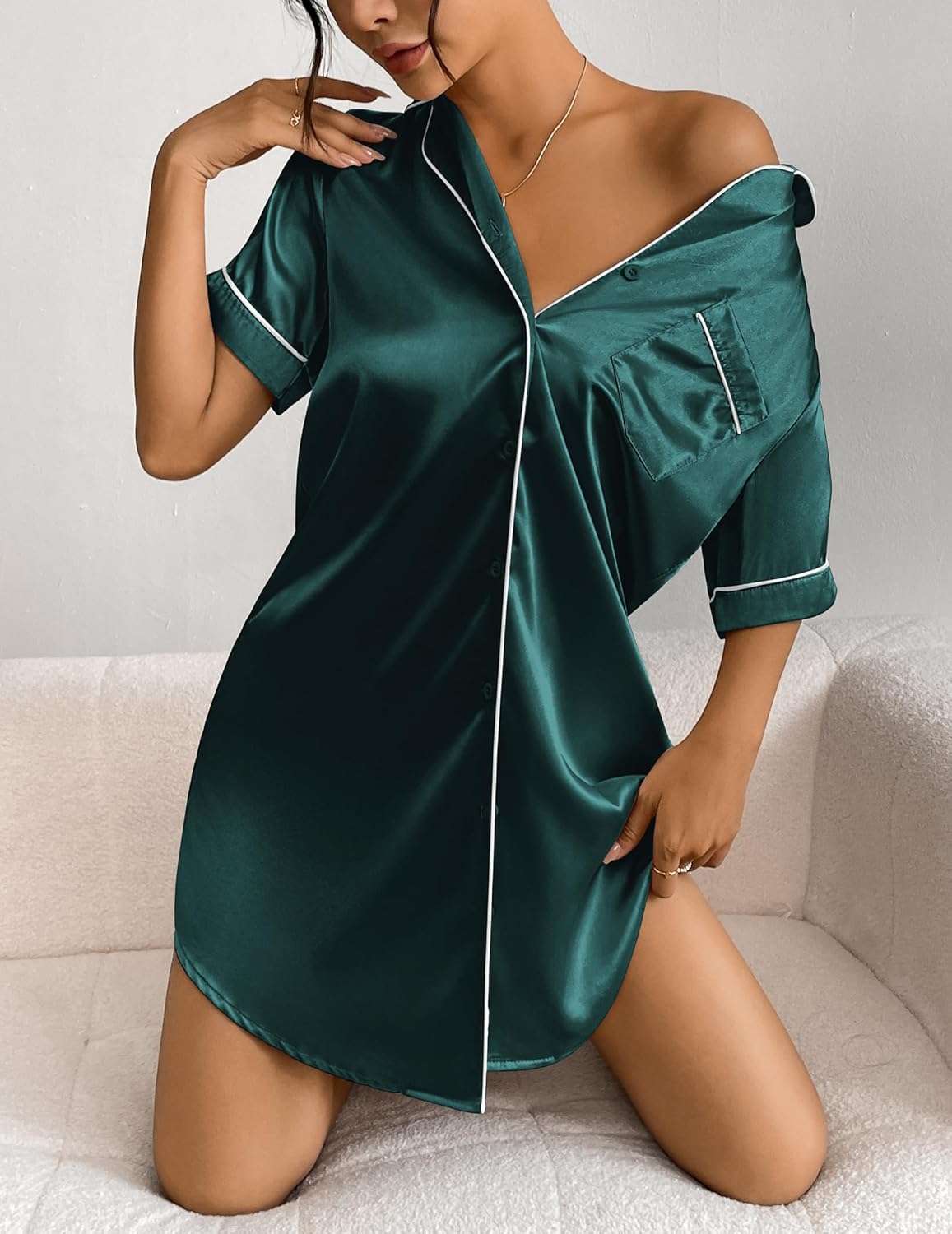 Ekouaer Women's Satin Nightshirt Button Down Sleepshirt Silk Short Sleeve Nightgown Boyfriend Notch Collar Sleepwear - Image 2