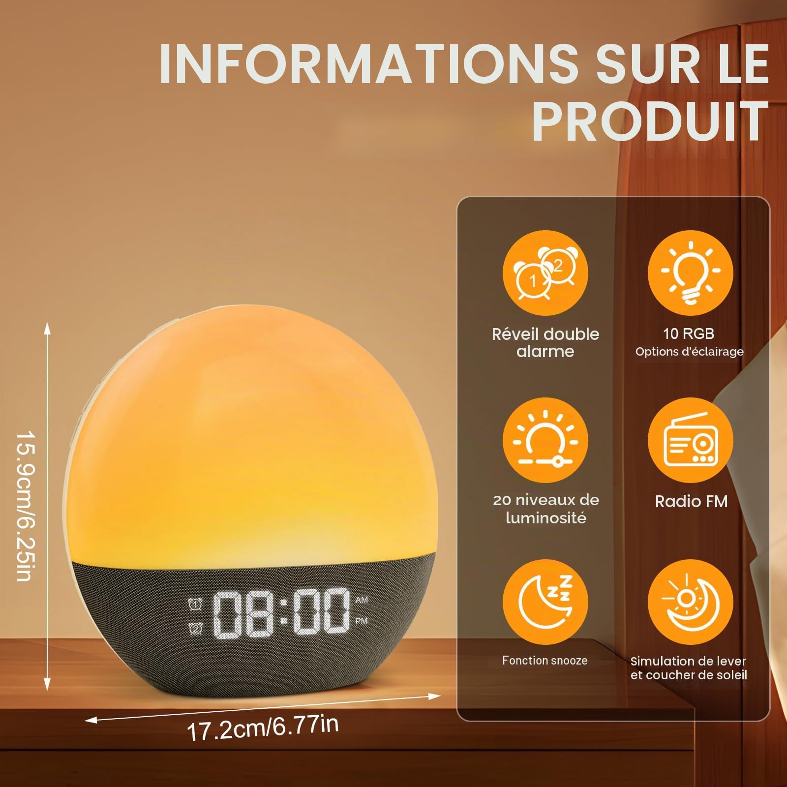 Reveil Lumineux,Reveil simulateur d'aube,Réveil luminothérapie,Sunrise alarm clock,Simulateur d'Aube et Crépuscule,20 Niveaux de Luminosité,24 Sons Naturels,Pour Ambiance Adultes et Enfants