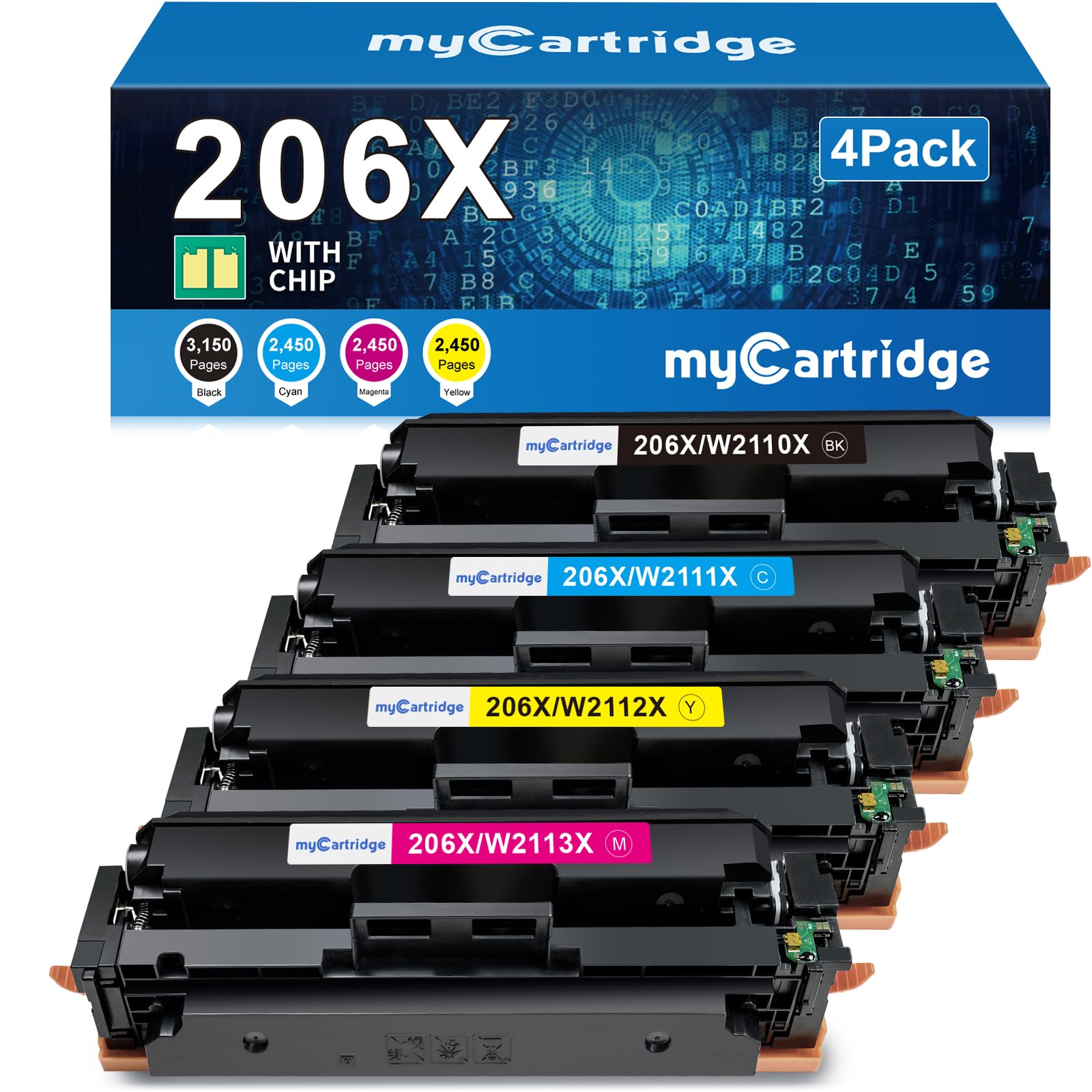 206x toner cartridges 4 pack high yield with chip compatible replacement for hp 206x 206a for color laserjet pro mfp m283fdw m283cdw m283fdn m282nw pro m255dw m255nw m283 m255 printer w2110x w2110a
