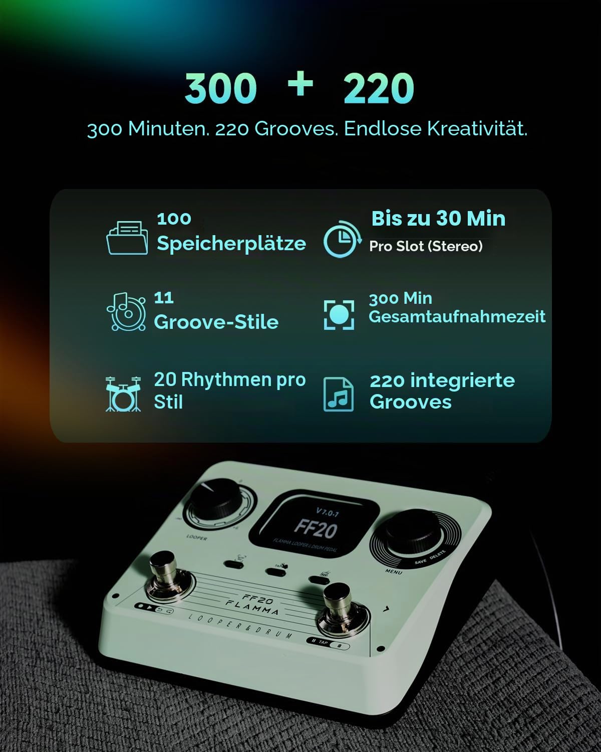 FLAMMA FF20 Looper-Pedal mit integrierter Drum-Maschine – 300 Min Stereo-Aufnahme, 220 Drum-Grooves, 100 Speicherplätze, Time-Stretch, Auto-Record, USB & Kopfhörerausgang – für Gitarre & Bass