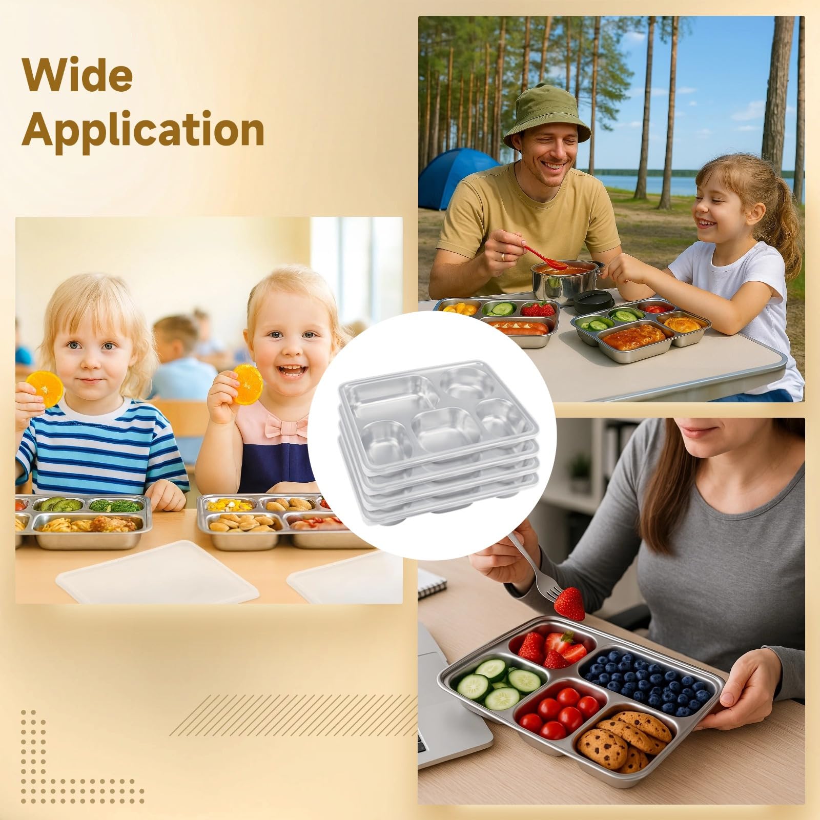 Lot de 4 assiettes à bento en acier inoxydable, 5 compartiments avec couvercle, solution de stockage alimentaire, plateaux divisés réutilisables pour le déjeuner, le travail, les pique-niques