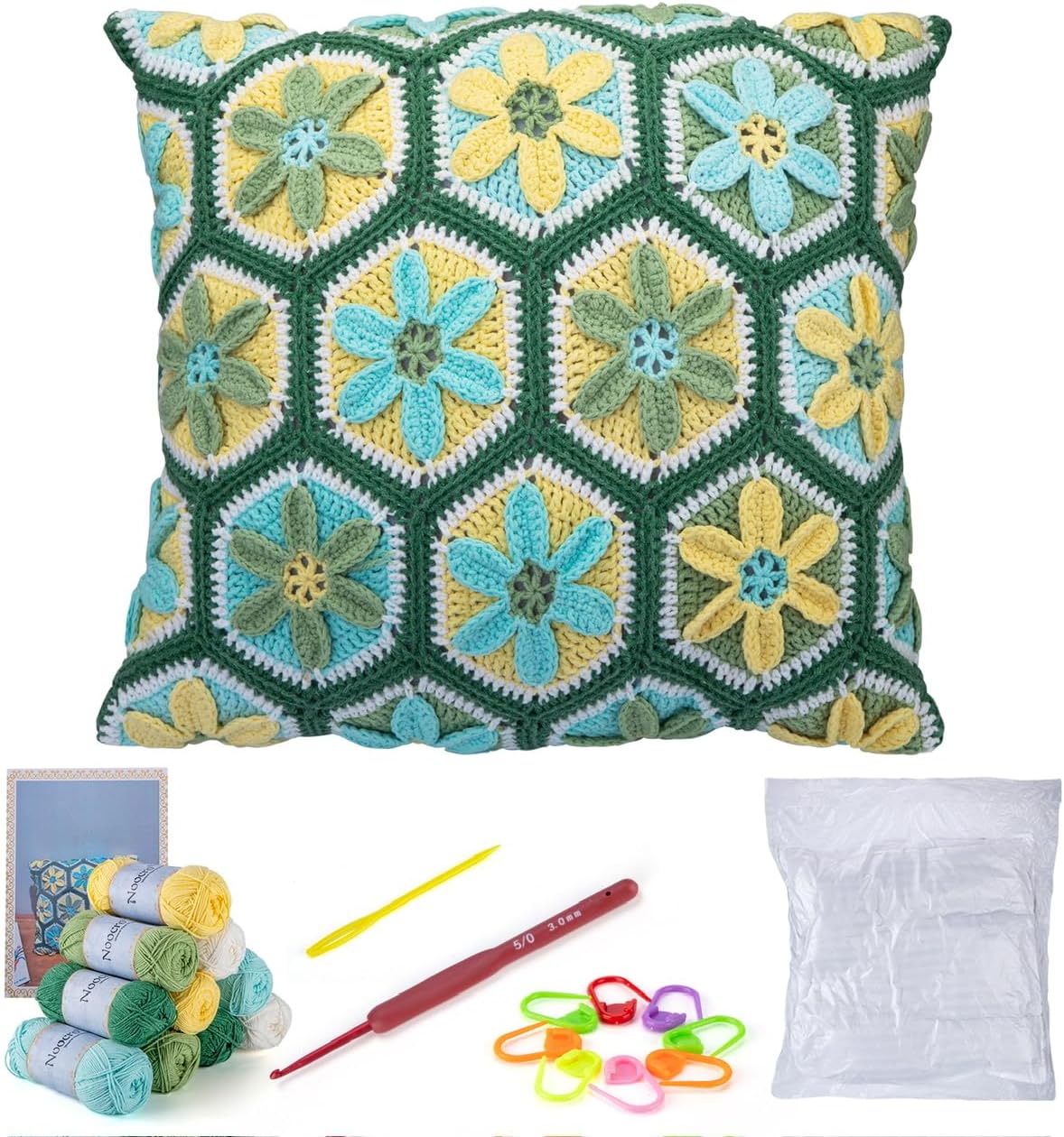 Noocro Crochet Kit for Advanced or Intermediate Beginner DIY Granny Square Pillow with Step by Step Tutorial Video and Detailed Instruction Complete Kit Craft Supplies Holiday Gift for Adults and Kids