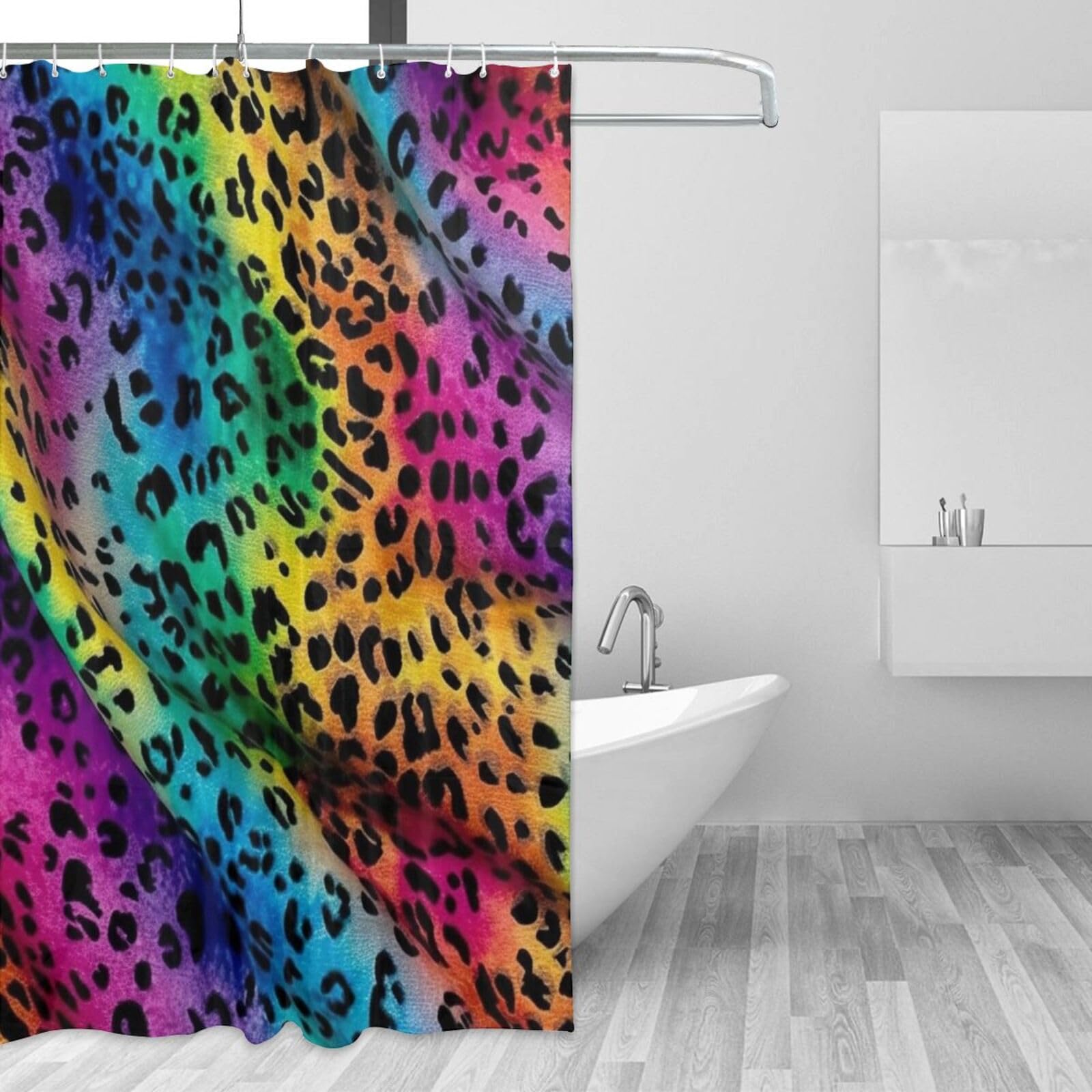 Rideau de douche 183 x 183 cm en tissu imperméable avec imprimé léopard coloré arc-en-ciel et feuilles d'eucalyptus avec 12 crochets