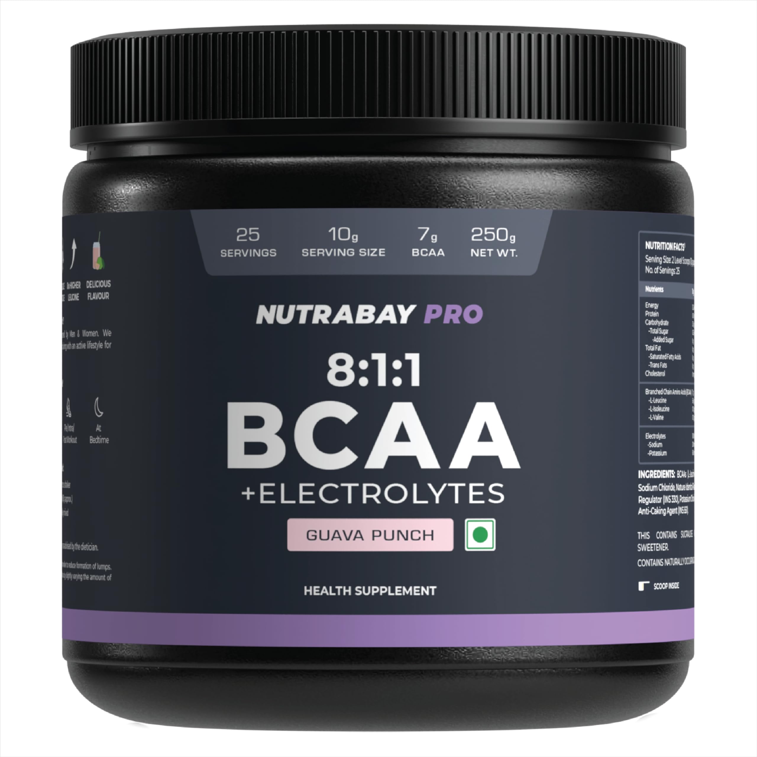 Nutrabay PRO BCAA 8:1:1 with Electrolytes 7000 mg Vegan BCAAs, 1000mg Electrolytes per Serving – Intra/Post Workout Energy Drink – Gluten & Dairy Free - 250g, Guava Punch