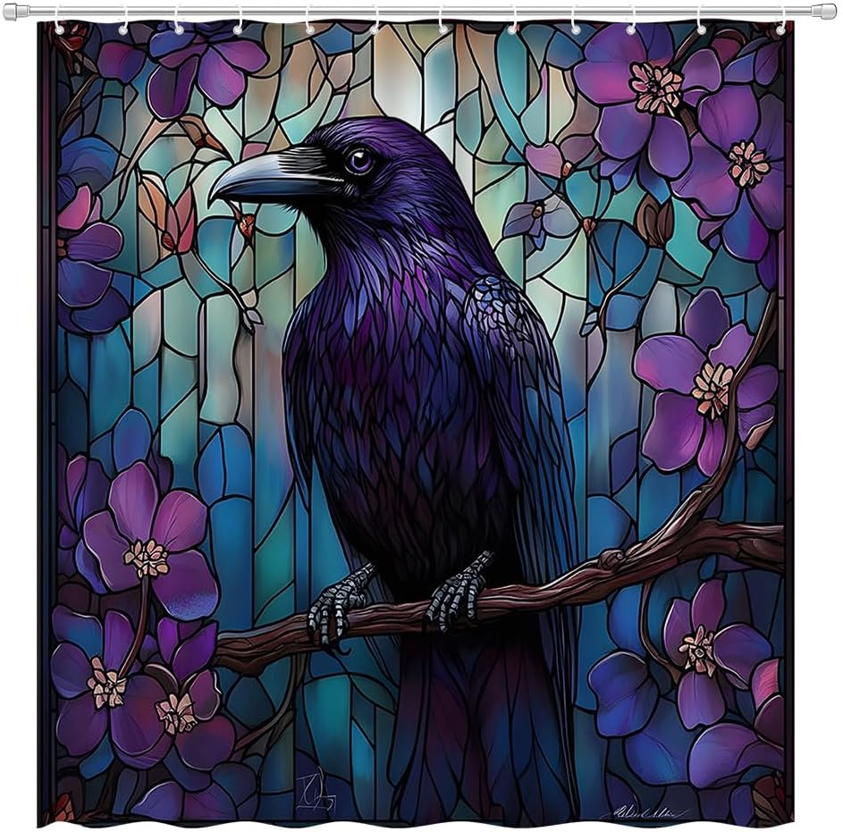 Stained Glass Raven Shower Curtain Vintage Purple Floral Spooky Black Raven Crow Bird Flower Modern Gothic Bathroom Decor Set Fabric with Hooks