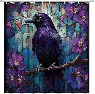 ZQANZQ Stained Glass Raven Shower Curtain Vintage Purple Floral Spooky Black Raven Crow Bird Flower Modern Gothic Bathroom Decor Set Fabric with Hooks