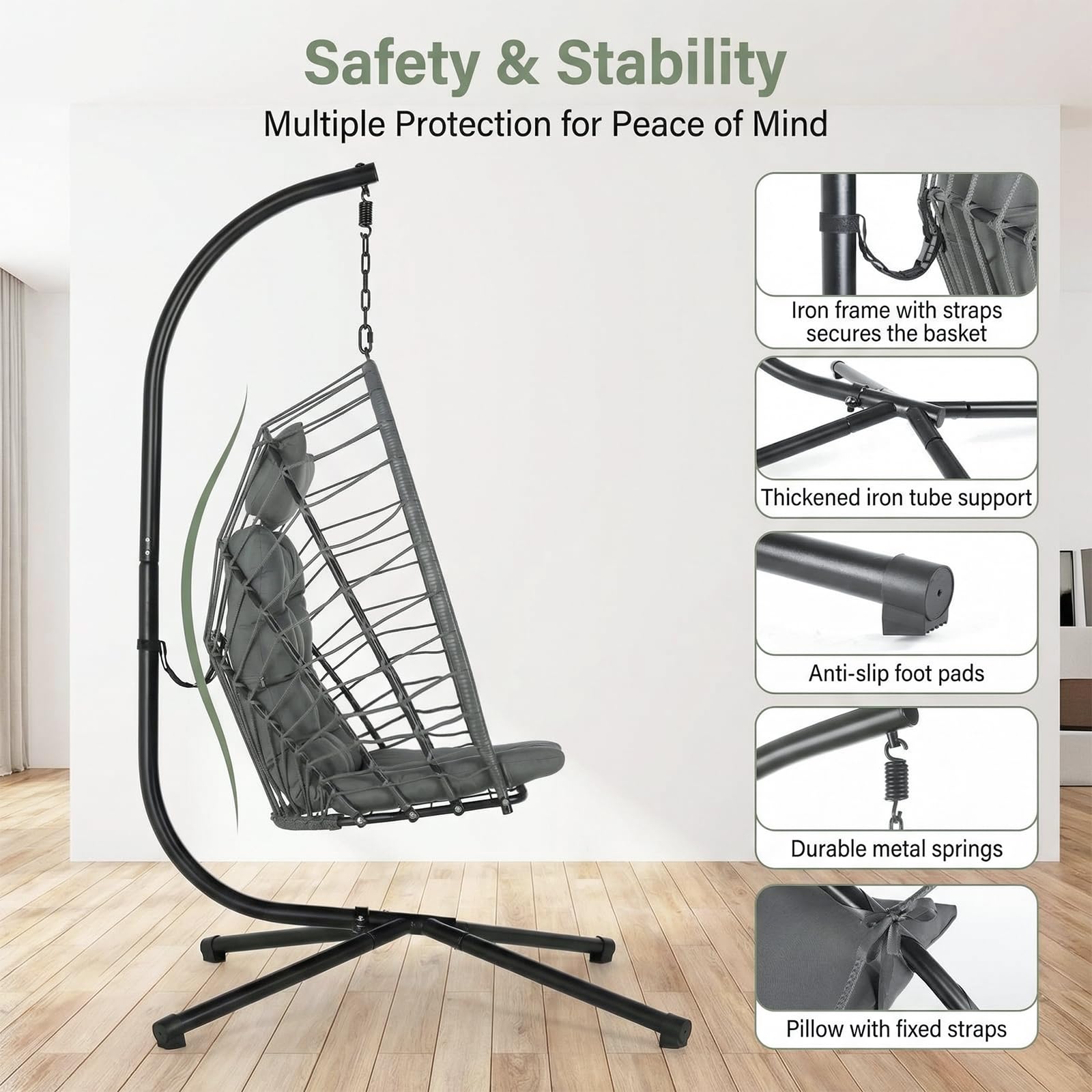 LIFERUN Hängesessel mit Gestell, Faltbarer Eiersessel mit Kissen, In- & Outdoor Freizeitsessel, Schaukel für Erwachsene & Kinder, für Garten, Terrasse, Balkon, Wohnzimmer, Belastbar bis 160 kg (Grau)