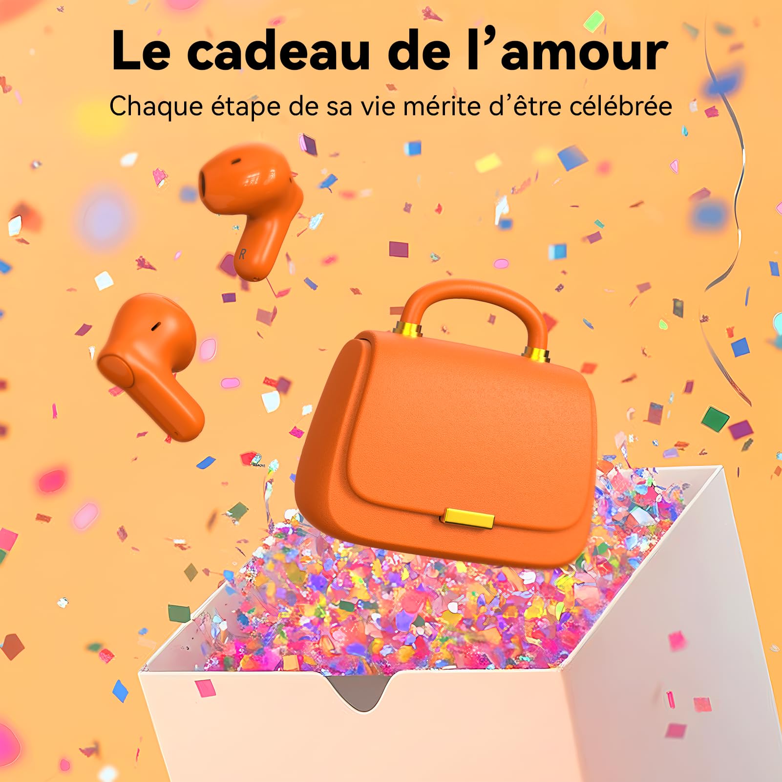 ANCwear Écouteurs Bluetooth 5.4 in-Ear, Étui Façon Sac à Main, Orange