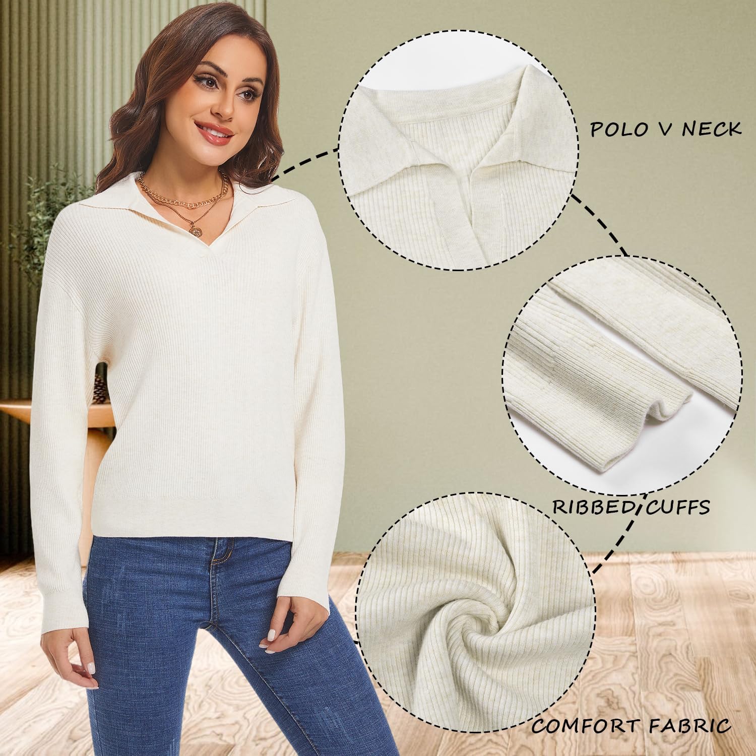 MessBebe Women's Long Sleeve Knitted Pullover Sweaters Collared V-Neck Polo Shirts Tops - Image 5