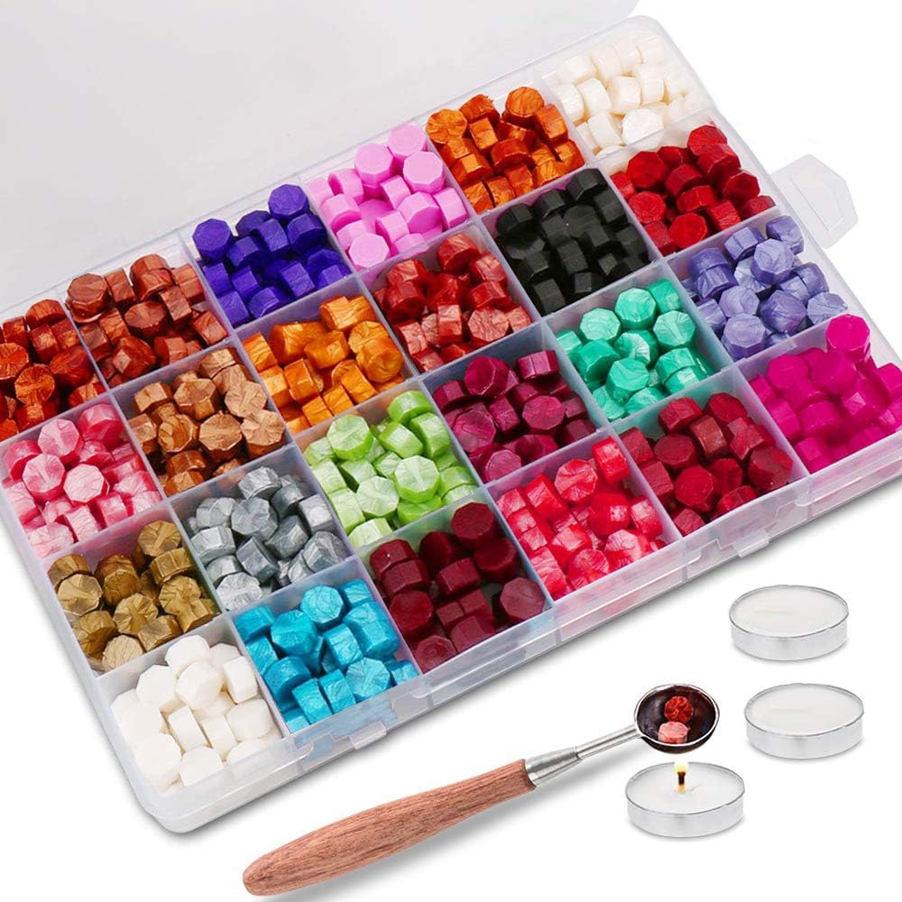 600PCS Sealing Wax Beads Packed in Plastic Box, with 3PCS Tea Candles and 1 PC Wax Melting Spoon for Wax Sealing Stamp (24 Colors)
