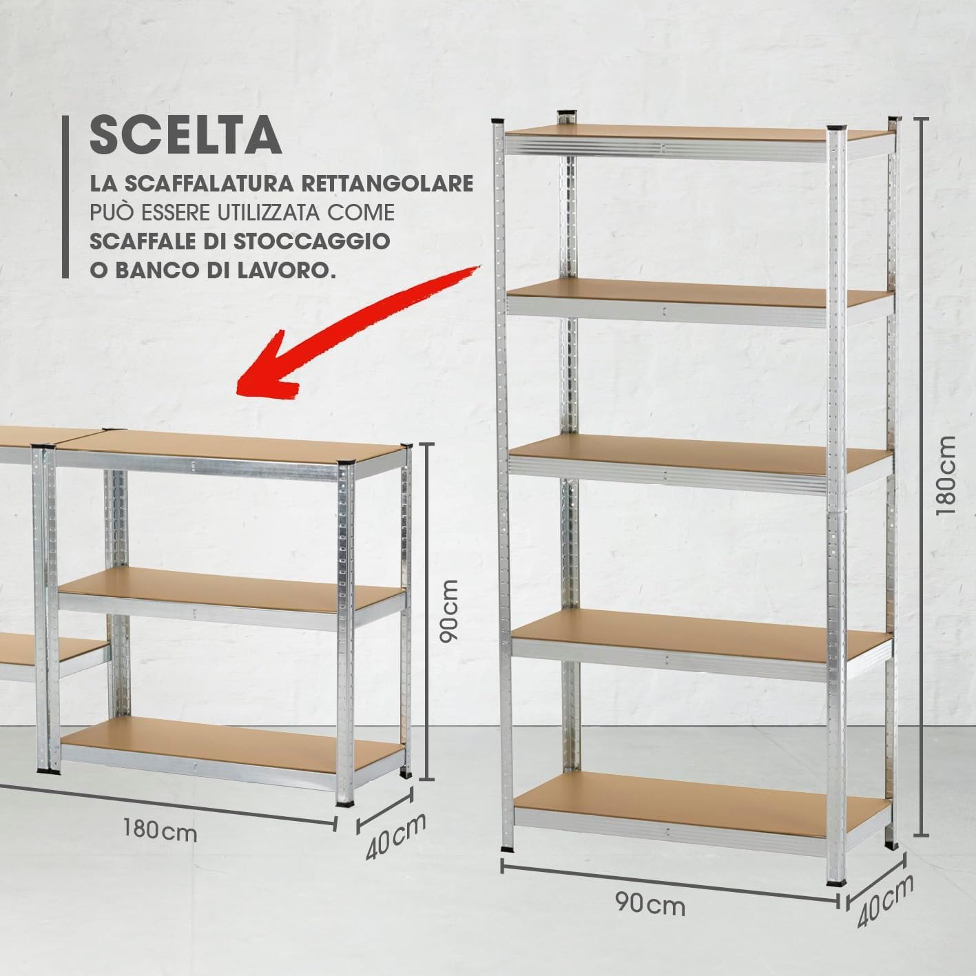 2X Scaffale Multiuso in Metallo Zincato 90x40x180 cm con 5 Ripiani Portata 175 kg per Ripiano
