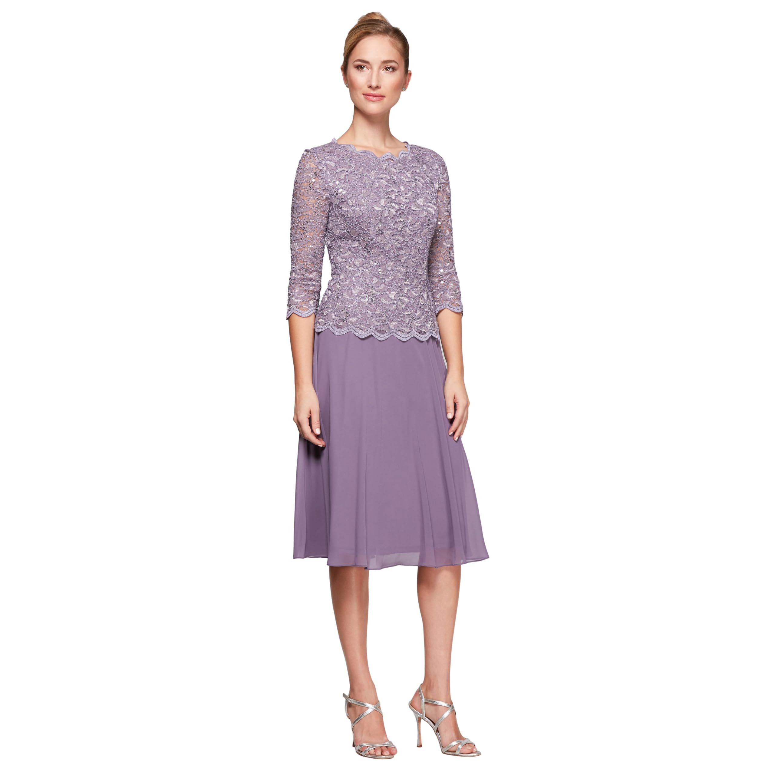 Alex Evenings Women's Tea Length Embroidered Bodice Mother of The Bride Gown, Wedding Guest Dress