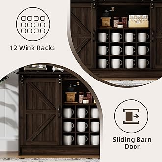 4ever2buy Farmhouse Coffee Bar Cabinet with 8 Hooks, 55” Kitchen Hutch Cabinet with Storage, Gray Coffee Bar with Sliding Barn Doors and 12 Racks for Living Dining Room, Dark Oak