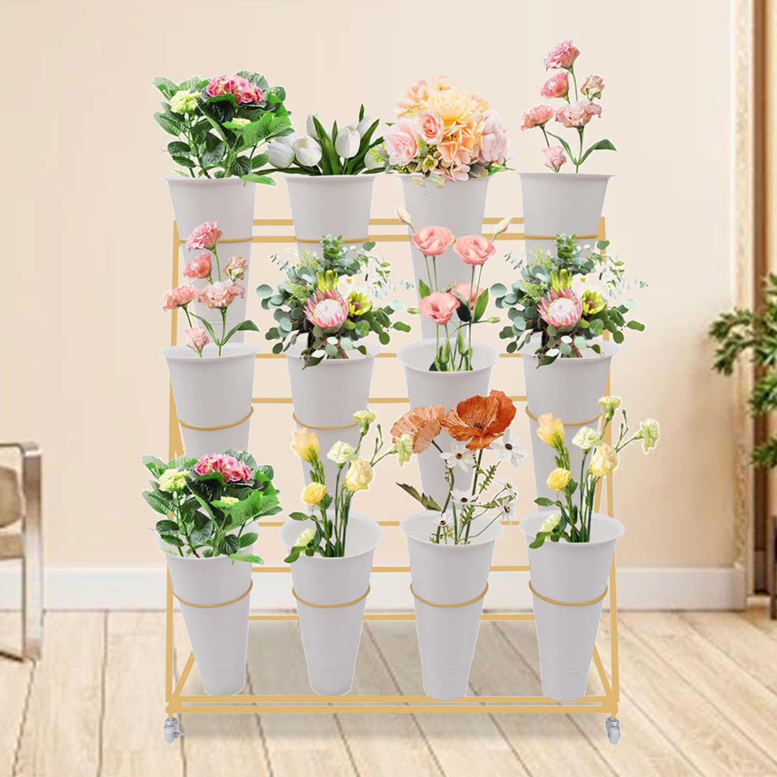 Chariot à fleurs à 3 étages en acier avec seaux amovibles et freins