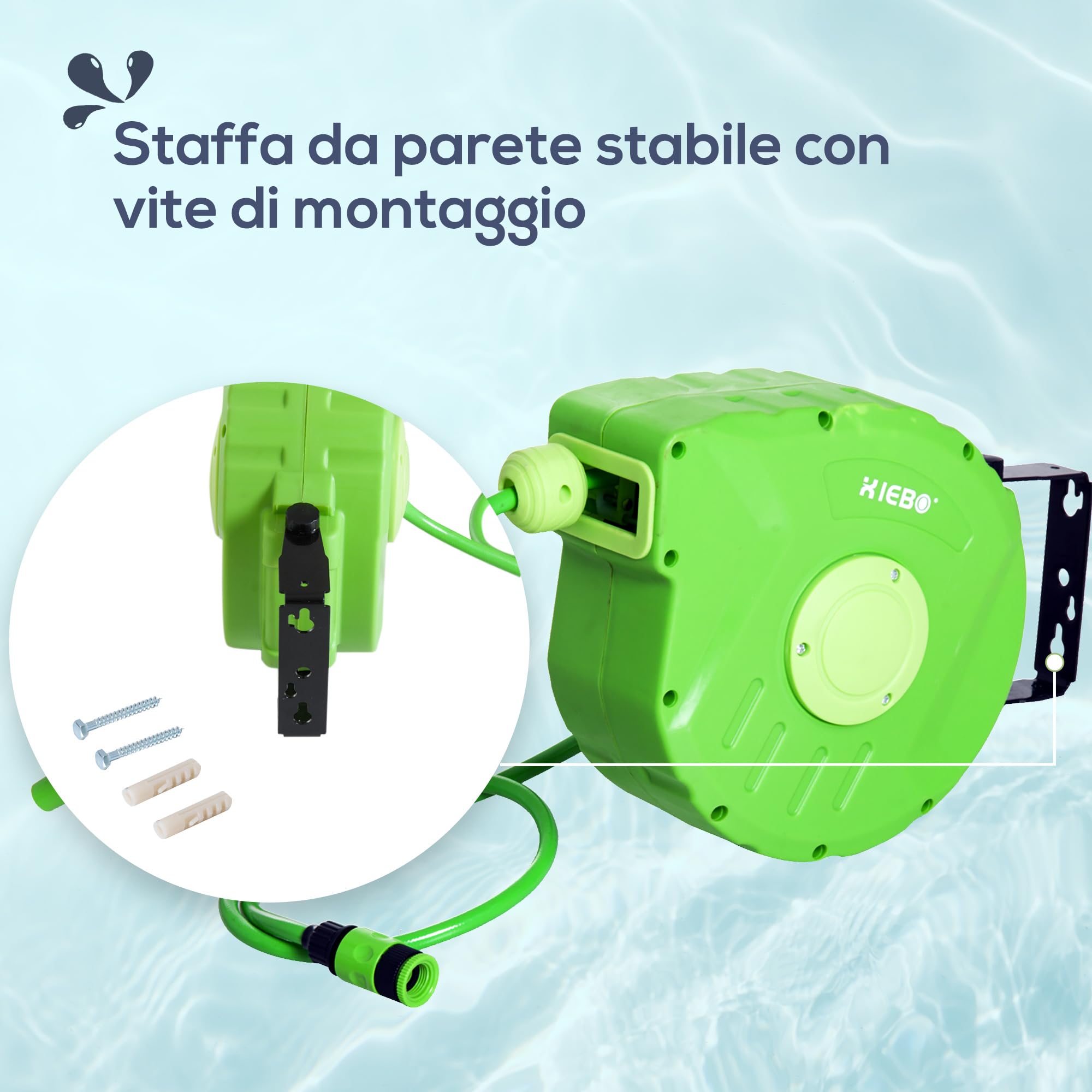 Outsunny Avvolgitubo da Giardino Retrattile con Tubo dell'Acqua 10 m, Rullo Avvolgitubo da Parete Girevole a 180°, Avvolgitubo Automatico Tubo da Giardino per Irrigazione in plastica, Verde