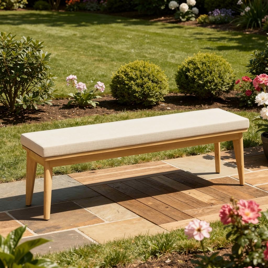 Acacia Outdoor Bench, 59" L×15.82" W Porch Bench with Removable and Washable Cushion, All-Weather Solid Wood Outside Chair for Proch Garden, Lawn
