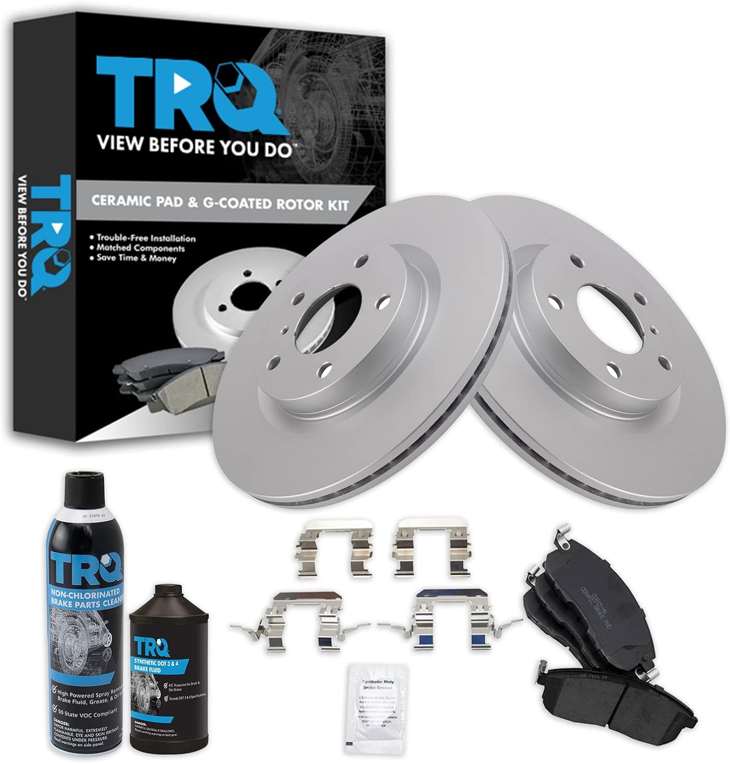 TRQ Front Brake Pad & Rotor Kit Brake Chemical Kit Brake Pads Brake Rotor Ceramic Premium G-Coated Compatible with 2003-2004 INFINITI G35 2003-2005 Nissan 350Z