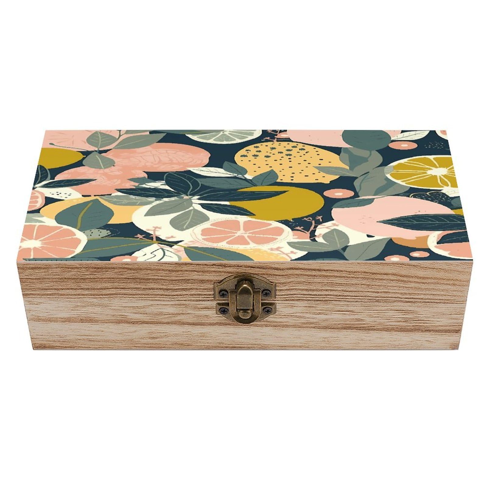 JTREHY Lemon Citrus Pattern Wooden Keepsake Box Vintage-Style Wood Keepsake Case with Hinged Lid Solid Wood Boxes Beautifully Memory Treasure Case Vintage-Style Wooden Storage Box