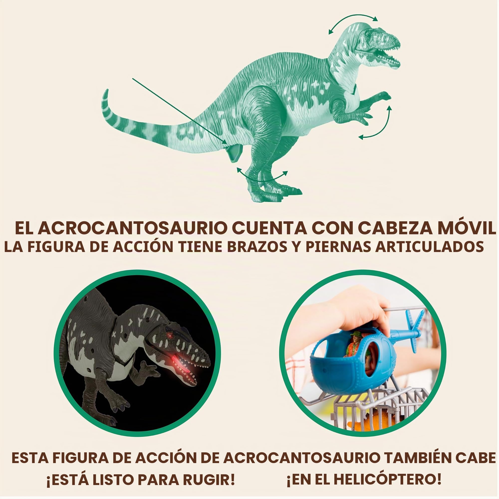 Terra by Battat - Acrocanthosaur Jungle Expedition, Juego electrónico | Set de 13 piezas con dinosaurio electrónico, helicóptero, torre, jaula, figura, huevo y accesorios de jungla, 3 años y +