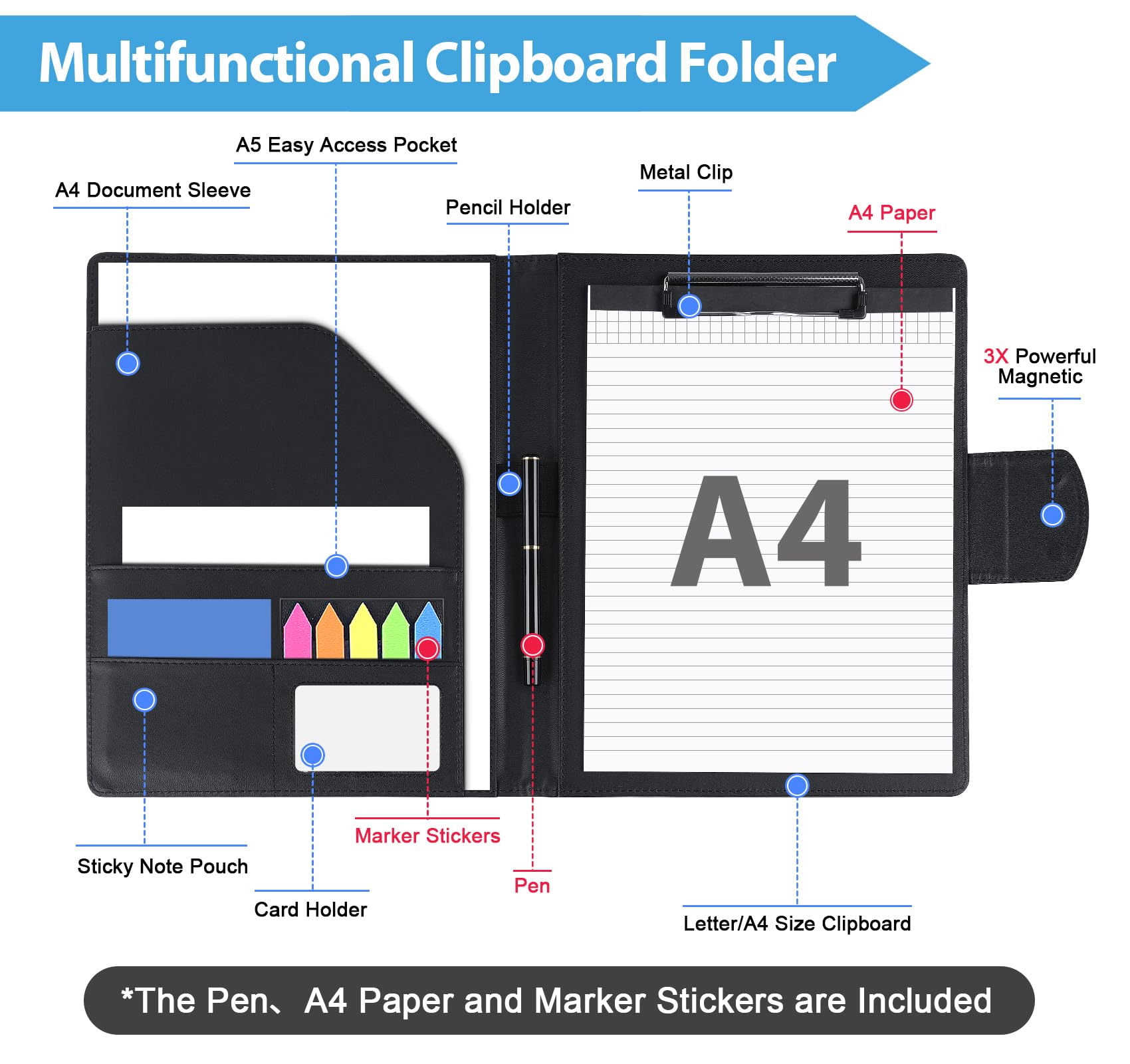 Agoer Leder Klemm Brett Mappe DIN-A4, PU-Leder Dokumententasche Klemmbrett Schreibmappe mit Magnet-Verschluss mit Papier und Stift,Markerstickern, Schwarz