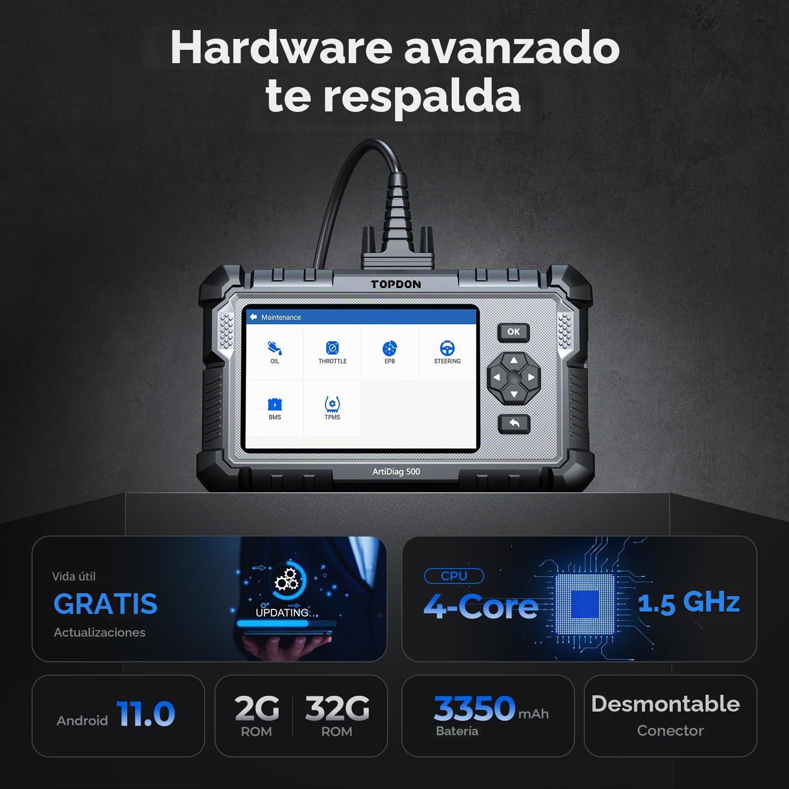 TOPDON AD500 OBD2 diagnosis coche multimarca con 4 Sistemas y 6 Funciones de Reinicio, Sistema de Motor ABS SRS Transmisión, reinicio para aceite/SAS/TPMS/ETS/BMS/freno, Actualización gratuita de WiFi