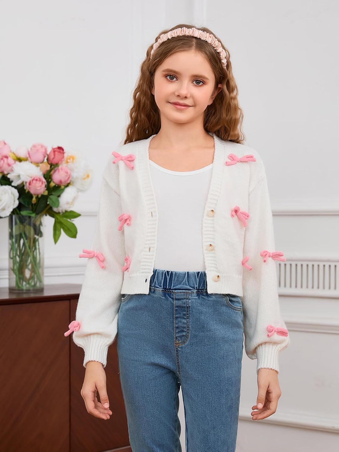 MakeMeChic Girl's Cute Bow Cropped Cardigan Sweaters Long Sleeve V Neck Button Down Knitted Cardigan - Image 5