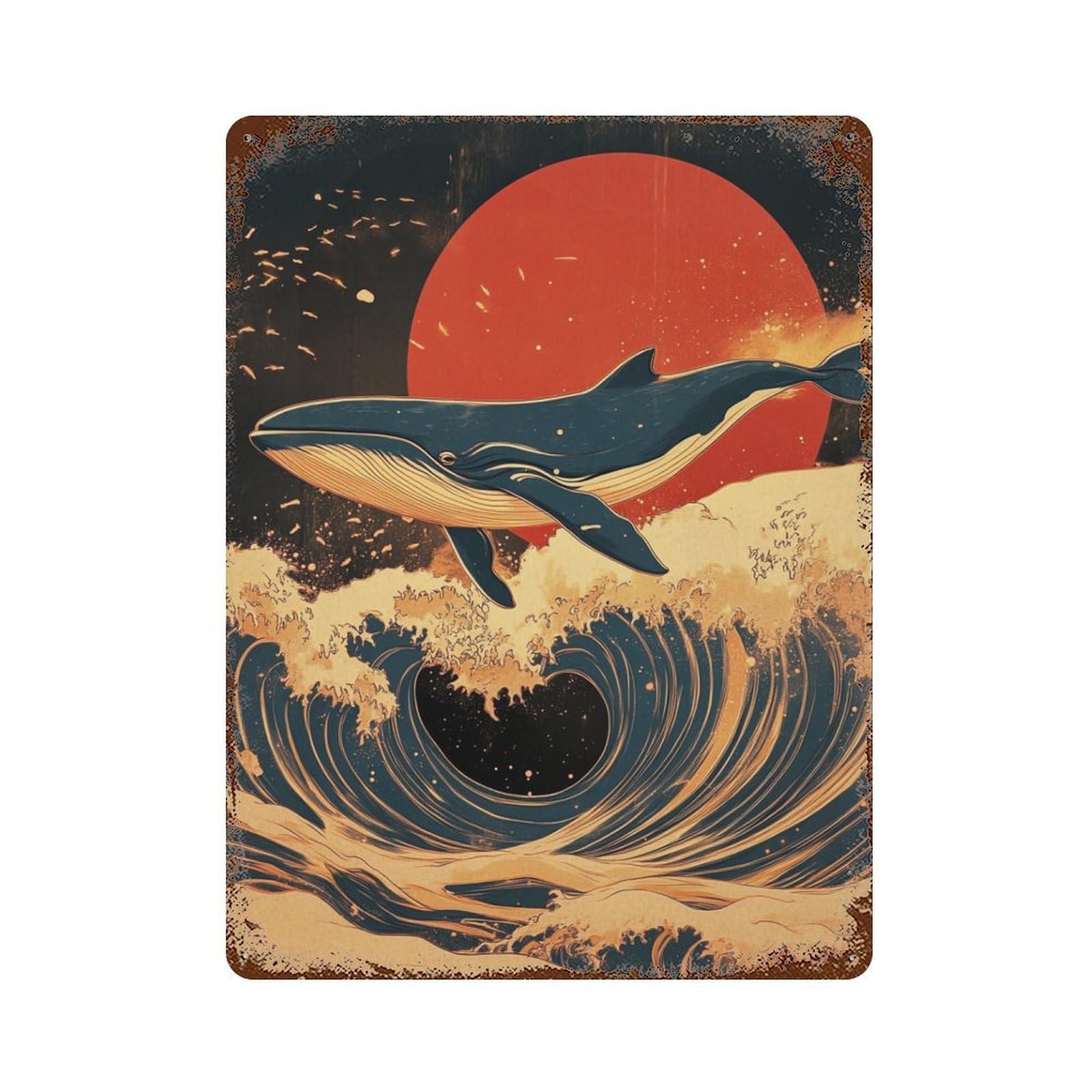 Whale Riding Waves Art Print Rustic Tin Plaque 15.7"x11.8", Ideal for Office, Studio And Wall Decor