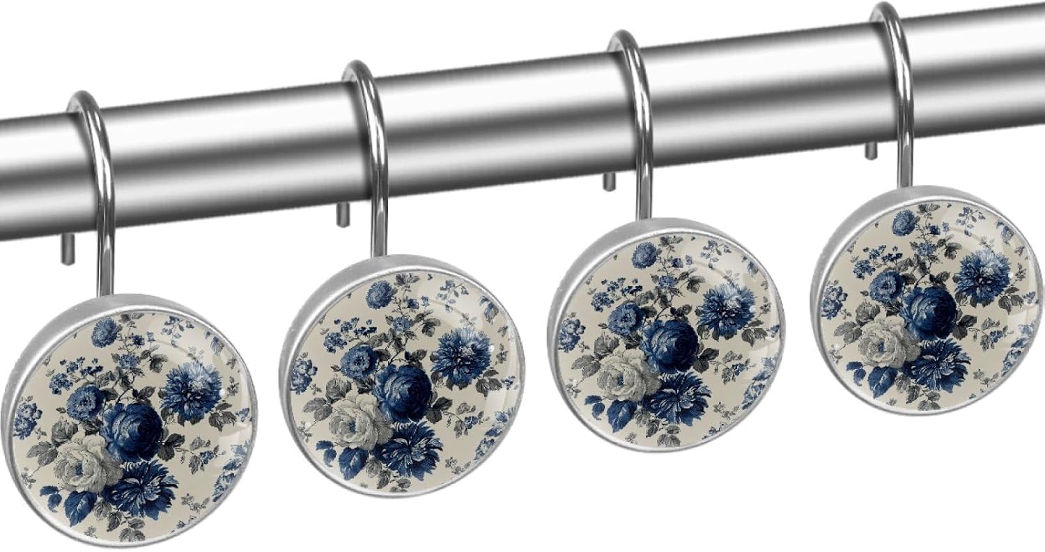 Flowers Round Shower Curtain Hooks Set of 12 Stainless Steel Decorative Hanger Rings for Bathroom Kitchen Bedroom Curtain Rods