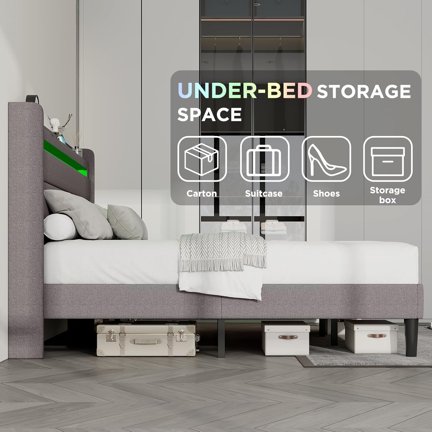 LUXOAK Queen Size Bed Frame with RGBW LED Light & Charging Station, 50" High Linen Upholstered Platform Bed with 2-Tier Storage Headboard, No Box Spring Needed, Light Grey