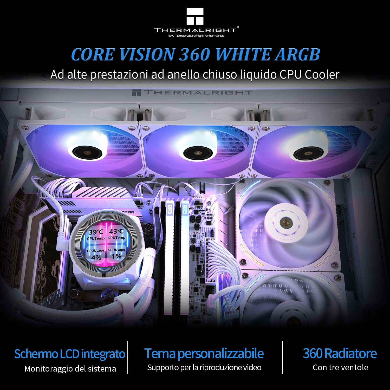 TR CORE VISION 360 White ARGB CPU Water Cooler with PWM Fan, 2000RPM Speeds,IPS LCD Screen with 480 * 480 Resolution,Liquido CPU Cooler,for AM5/Intel LGA1851/1700,2.1inch Display Screen