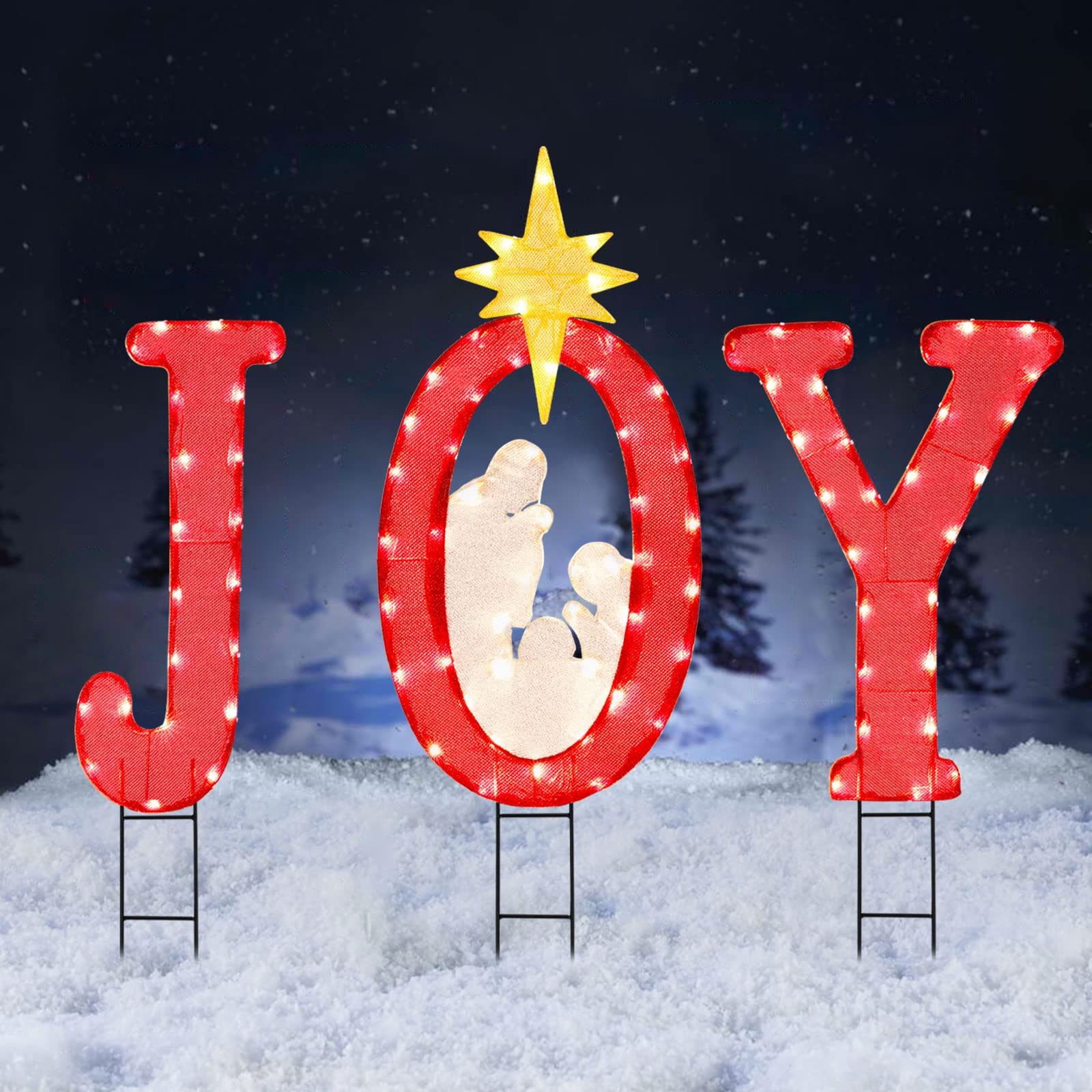 Christmas Joy Nativity Yard Sign, 45’’ Tall Outdoor Pre-lit Metal Marquee Letter Joy Sign Holiday Holy Family with Clear Light Display 100 Warm White Lights Outdoor Decor for Lawn, Garden