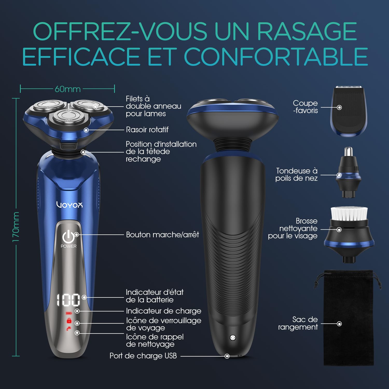 VOYOR Rasoir Électriques Hommes, Têtes Flottantes 3D Rasoir Barbe Homme | 4 Têtes Multifonctions, Rasage Sans Fil, Entièrement Étanche, LCD, Poignée Antidérapante, Verrouillage de Voyage TX410 Bleu
