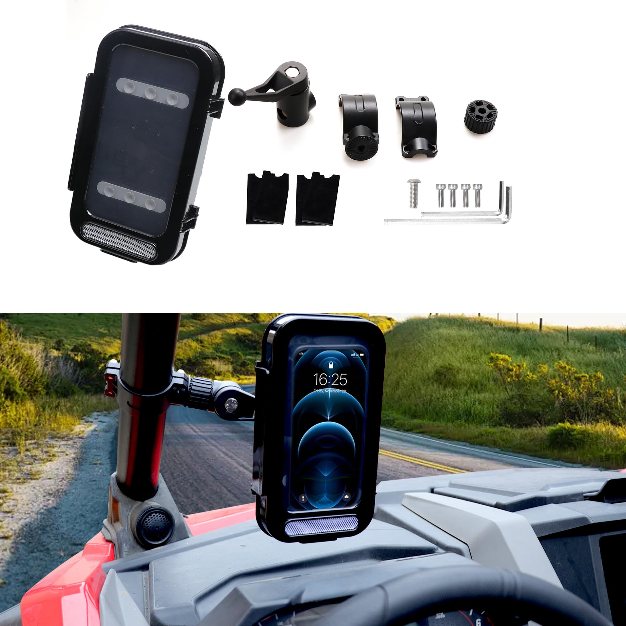 UTV Phone Mount Waterproof UTV Accessories Compatible with Polaris RZR Ranger General Pioneer Talon Can Am Commander Maverick x3 with 1.75"-2" Roll Bar Cage Bike Motorcycle Phone Holder
