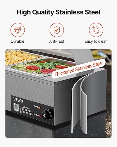 Miniatura 5 de VEVOR Calentador de alimentos comercial, calentador de alimentos eléctrico de acero inoxidable de 1500 W con cubierta de vidrio, 3 sartenes para