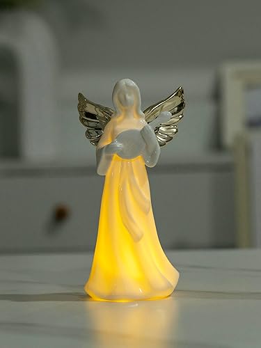 ADAVAS.Y&G Figura de ángel de porcelana con mandolina y luz LED, alas doradas, estatua de ángel de cerámica translúcida blanca cálida para
