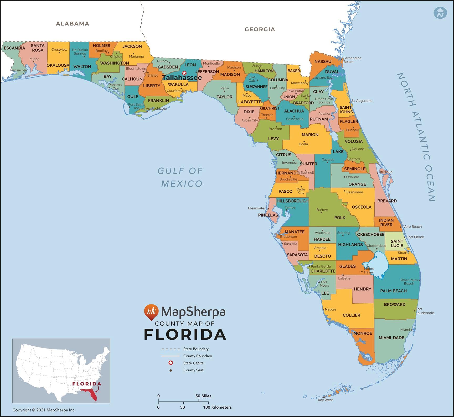 Florida Counties Map - Standard - 36" x 33.25" Laminated