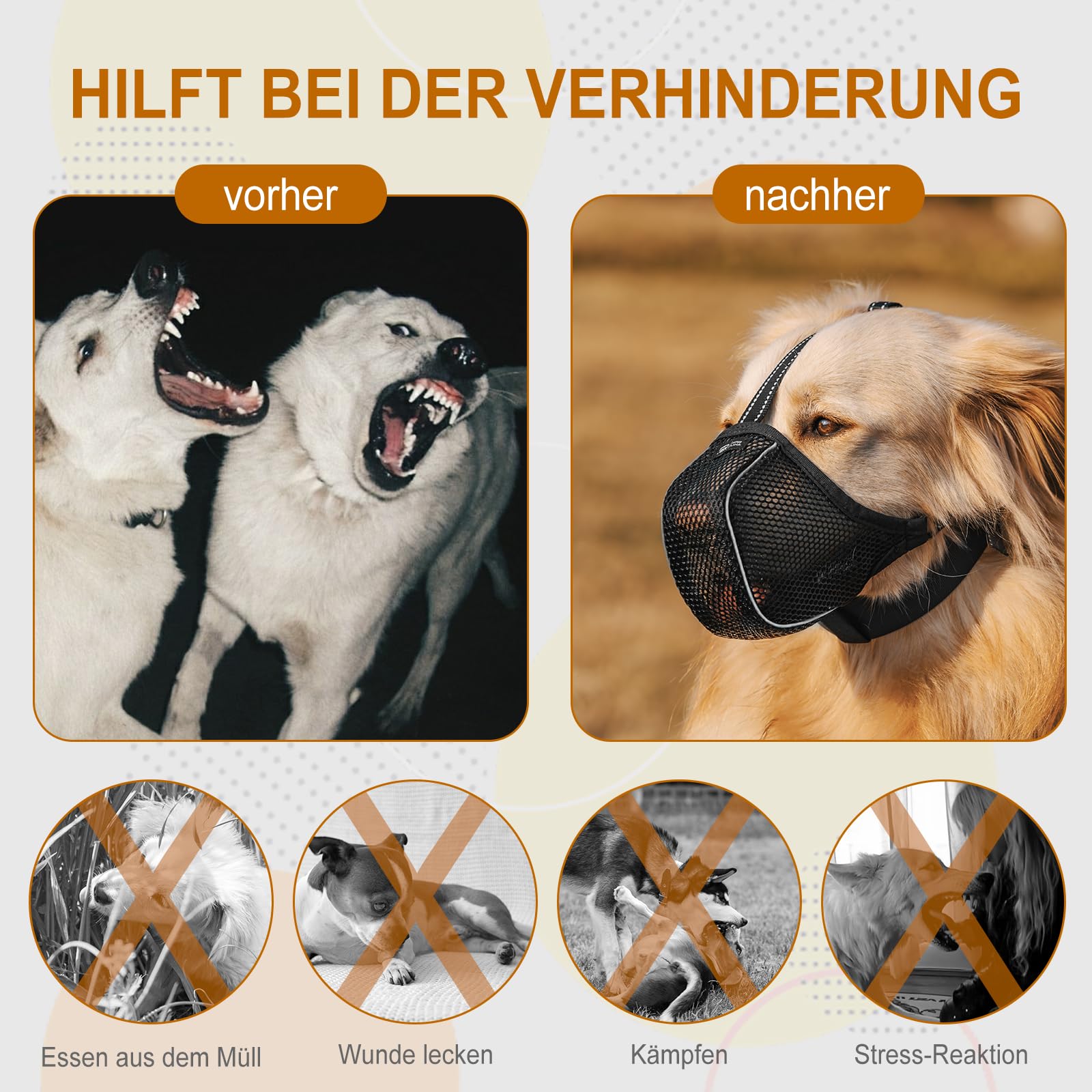 Arblina Hund Maulkorb, Weiches Netz Atmungsaktiv Maulkorb für Kleine, Mittlere, Große Hunde, Anti-Rutsch Verstellbar Maulkörbe mit DREI Riemen & Licht-Reflektierende Einfädeln, Schwarz, S