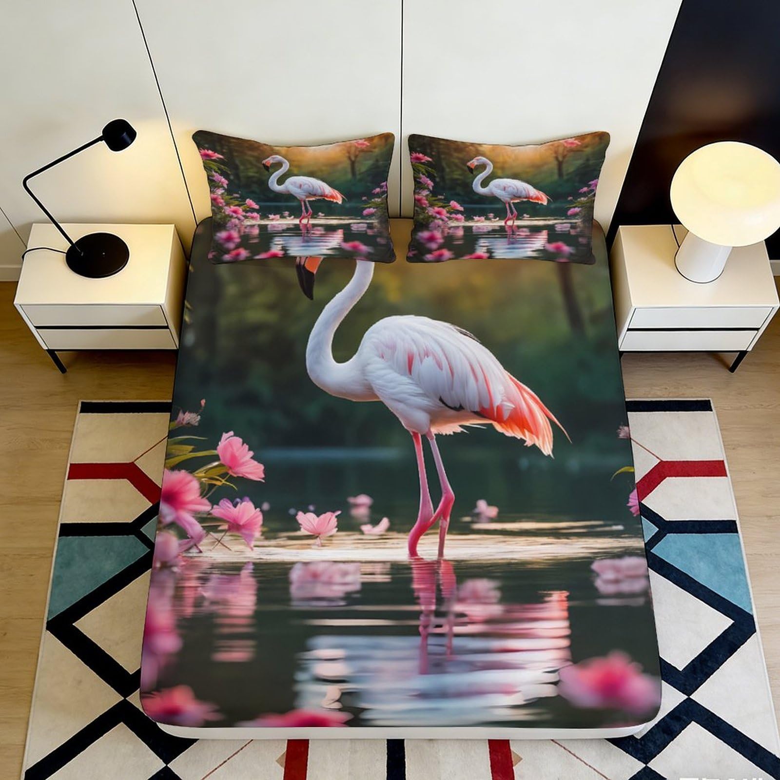 3D Printed Flamingo Lake Fitted Sheet Microfiber Soft Decor Pink Water Flower Mattress Cover for Bedroom Dorm 90x200x25cm
