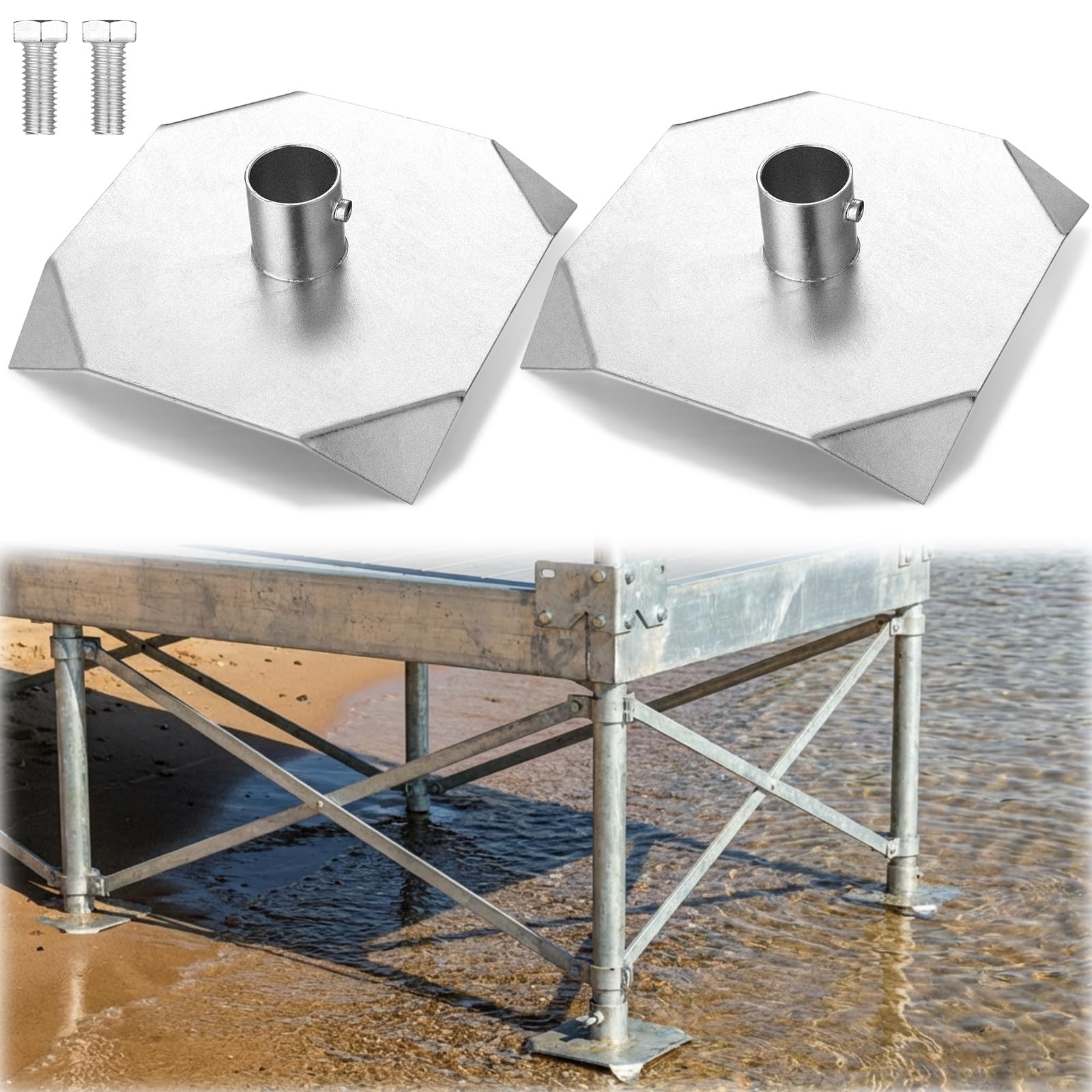 11" x 11"Stationary Dock Base Plate Heavy Duty Galvanized Stationary Dock Bottom Pad 7/16" Holes for 3/8" Carriage Bolts Mud Pad for Feet Post Pipe Pole Leg Prevent Sinking into Mud